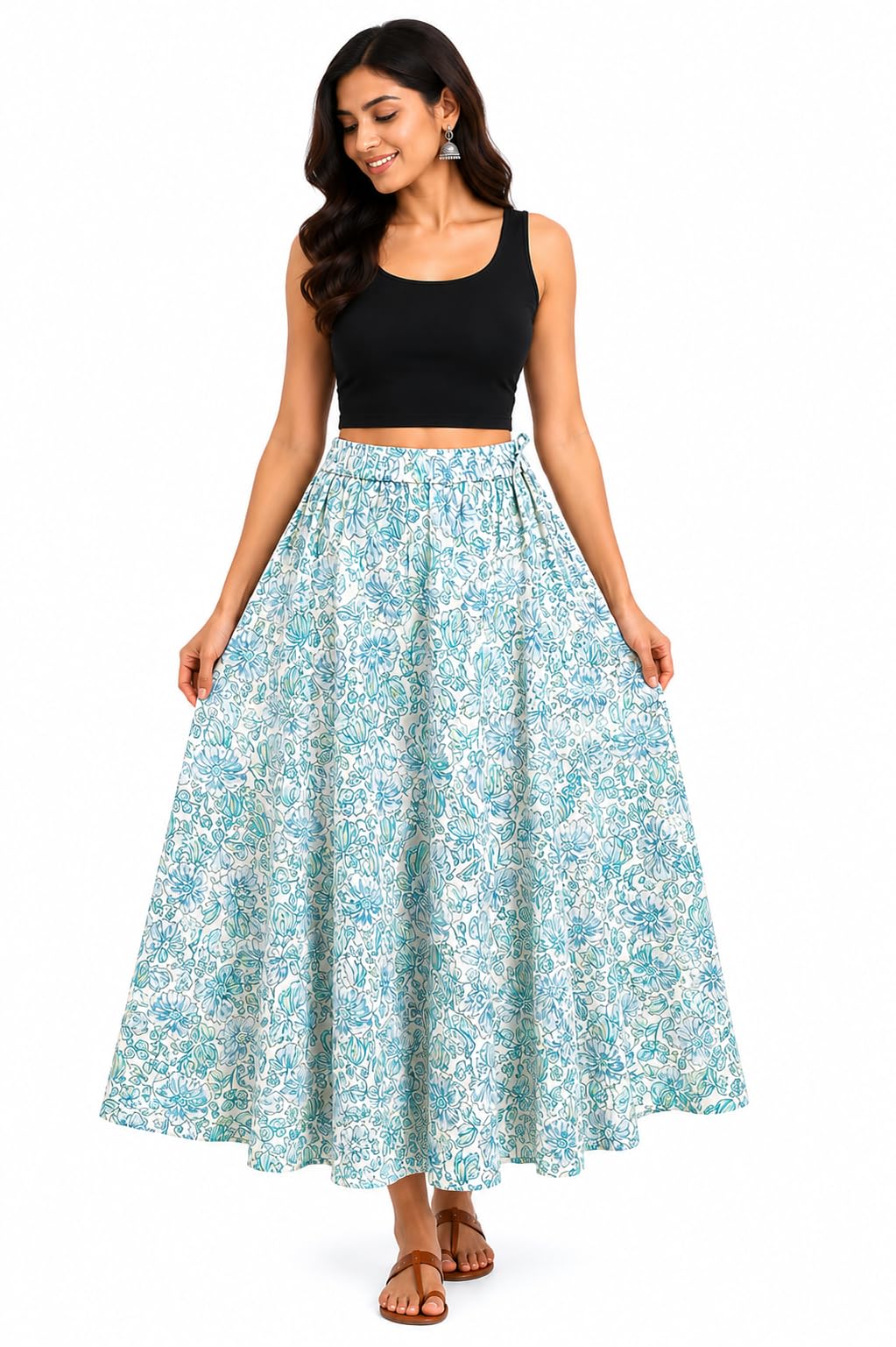 grace18 Women's Cotton Flared Long Skirt (Waist Size: 26" to 42"; Length 39 Inch, Size Fits to - M, L, XL) Green-picture-35