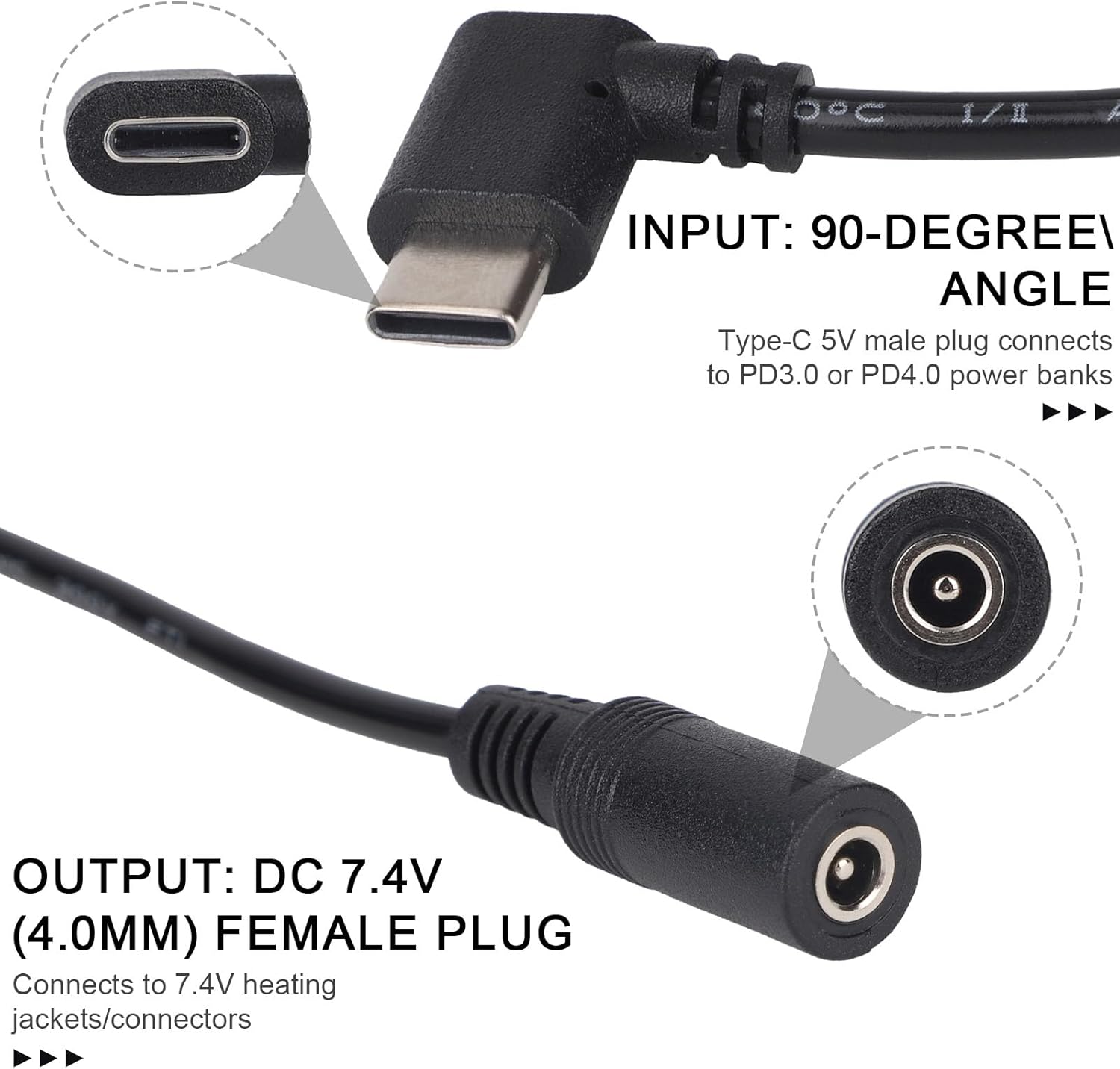 7.4V/9V Heated Jacket Adapter, 11.42in USB C to DC Cable Heated Gear Vest Accessories Battery Charger Cable Adapter for Normal Power Bank with USB C PD3.0 & PD4.0