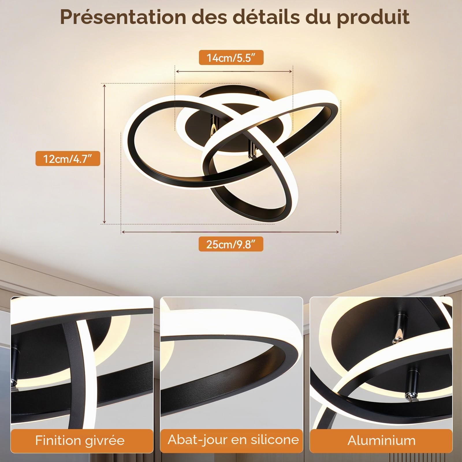 Plafonnier LED Moderne 21W, 3000K/4500K/6500K Lampe Plafond 2100lm CRI≥80, Luminaire Plafonnier pour Salon, Chambre, Bureau, Cuisine et Couloir avec Fonction Mémoire Noir