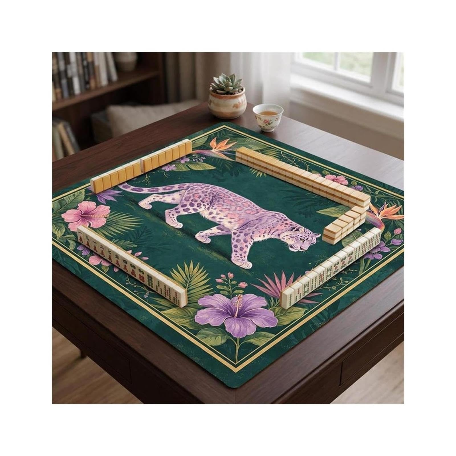 Tappeto Mahjong Tappetino Mahjong leopardo verde scuro viola silenzioso for la casa della giungla vintage(Star Tiger,70x70cm 28inch)