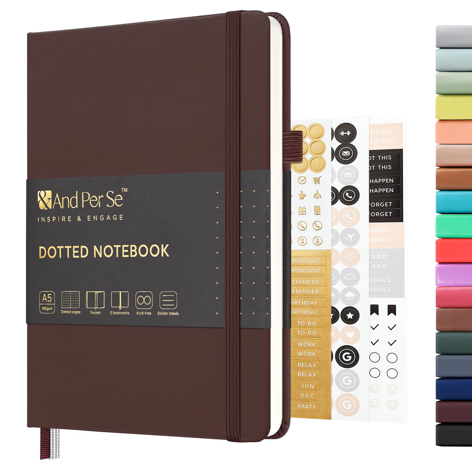 &And Per Se Dotted Journal Notebook, A5 Hardcover Leather Dotted Journal, 160 Pages 100gsm Thick Dot Grid Paper, 3 Sheets of Stickers Included - 5.7'' x 8'' (Chocolate) — image 1