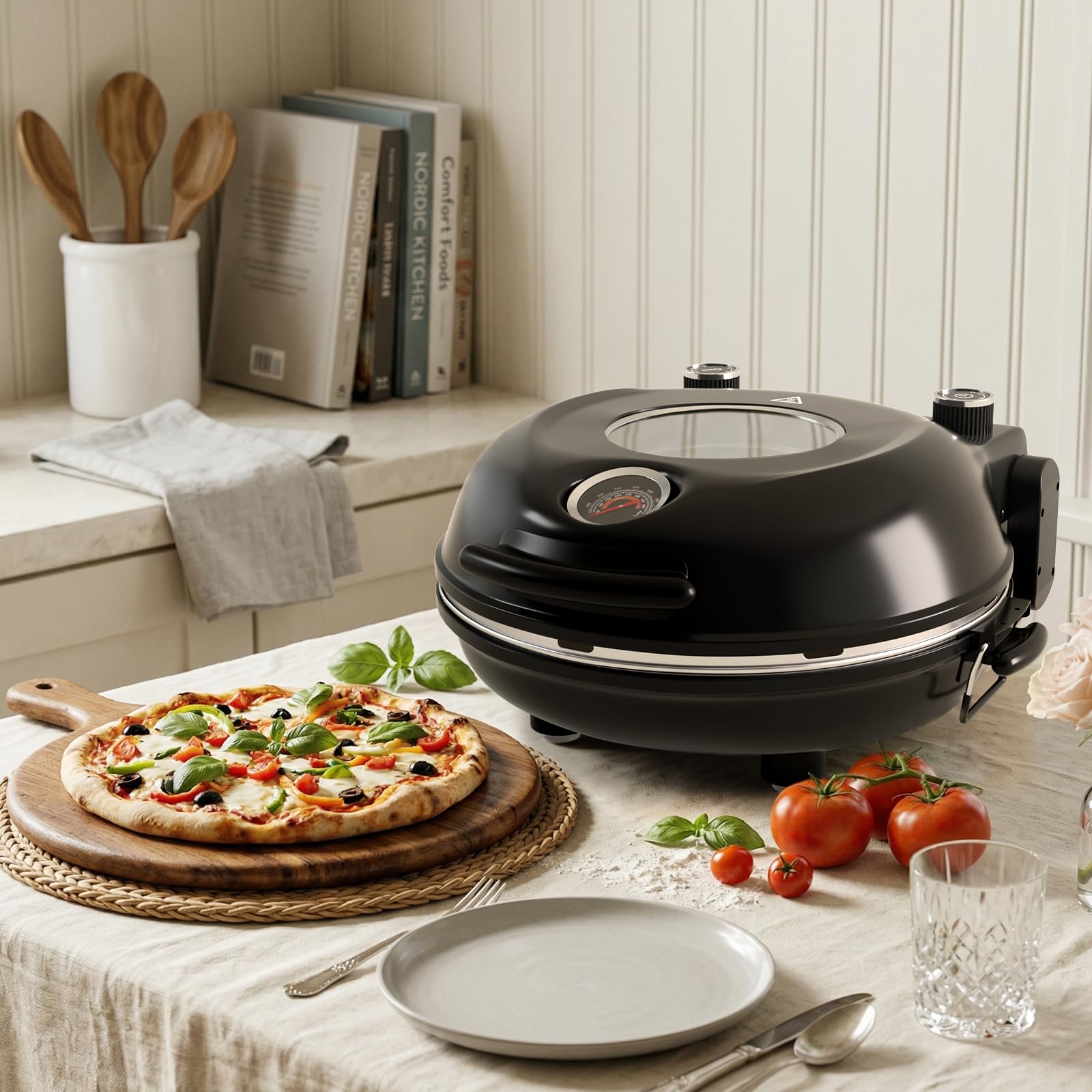 Elektrischer Pizzaofen 427°C / 800°F, 30cm Naturkeramik Pizzastein, Doppelte Temperaturregler mit Thermometer, Schnellaufheizung mit Sichtfenster,Pizzabackofen für zu Hause, knusprige Pizza 6 Minuten