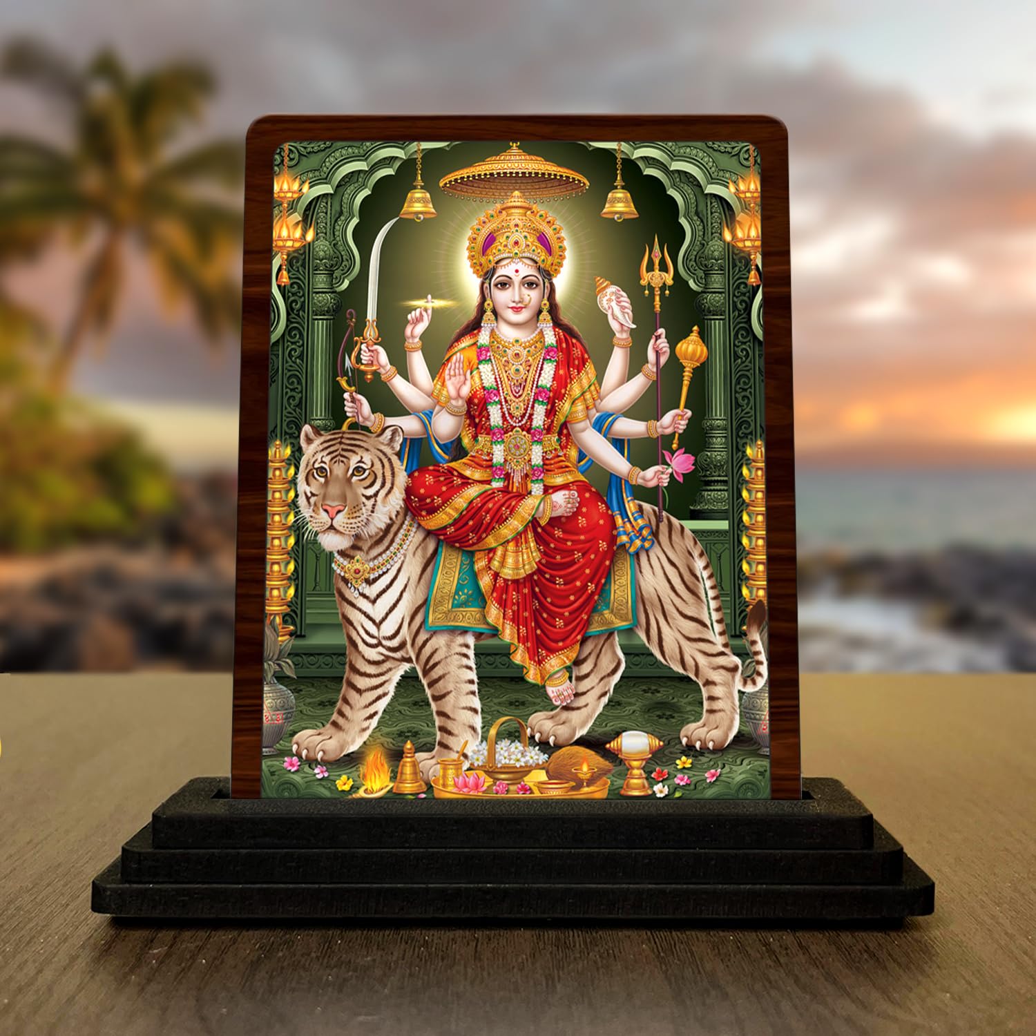 Wood Sherawali Mata Ki Photo Religious Durga MATA Vaishno Devi Statue Sherawali Maa (Size 4X5 Inches), Multicolor