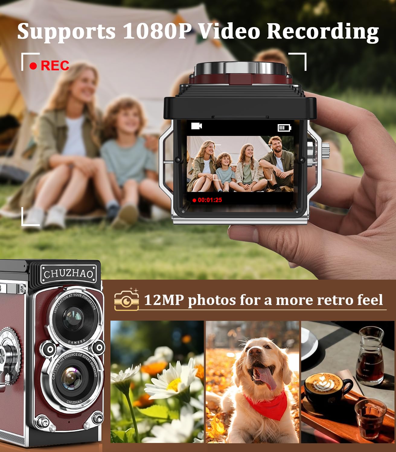 Mini Retro Kamera Vintage Kamera 12MP 1080P FHD Digitalkamera TLR Autofokus Fotokamera mit 16GB Speicherkarte Fotoapparat Tragbare Kompaktkamera für Kinder Teenager Student Anfänger Geschenk (Rot)