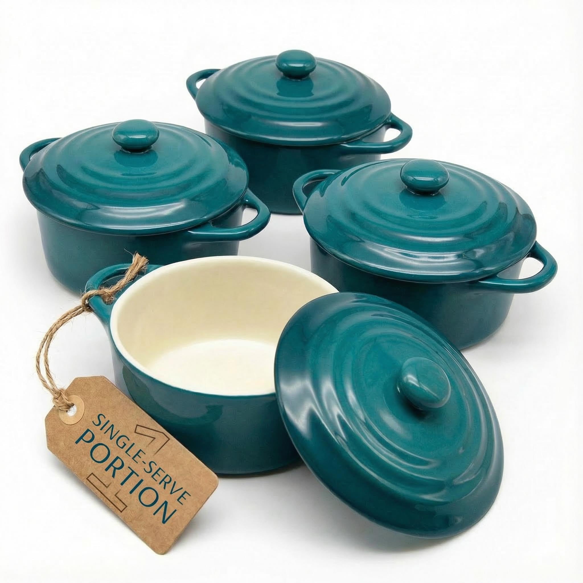 Kook Ceramic Mini Cocotte Set, Small Casserole Dishes with Lids and Handles, Individual Baking Ramekins, Oven, Microwave & Dishwasher Safe, Stoneware, 12 oz, Set of 4