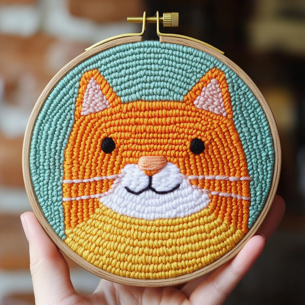 DIY Punch Needle Kits Orange Cute Cat Easy for Beginners Punch Needle Embroidery Set with Hoop Stamped Pattern for Craft Lovers and Home Decor-1