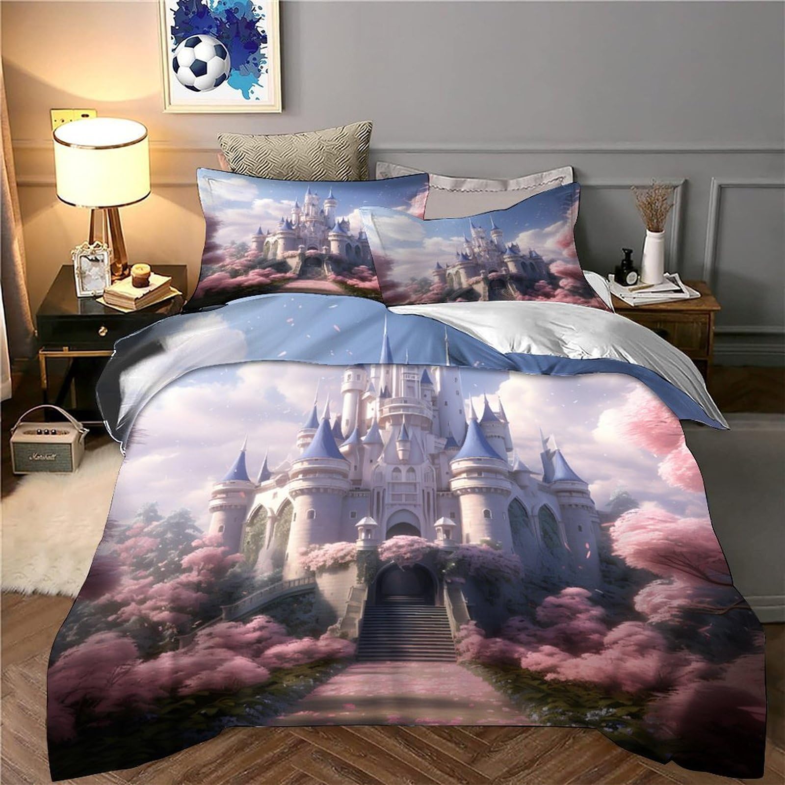 Fantasia del castello Impressione 3D 3 pz fodera per edredone Architettura reale fantasy coperteletto microfibra ipoallergenica zip per bambini ragazzi adulti King（220x240cm）