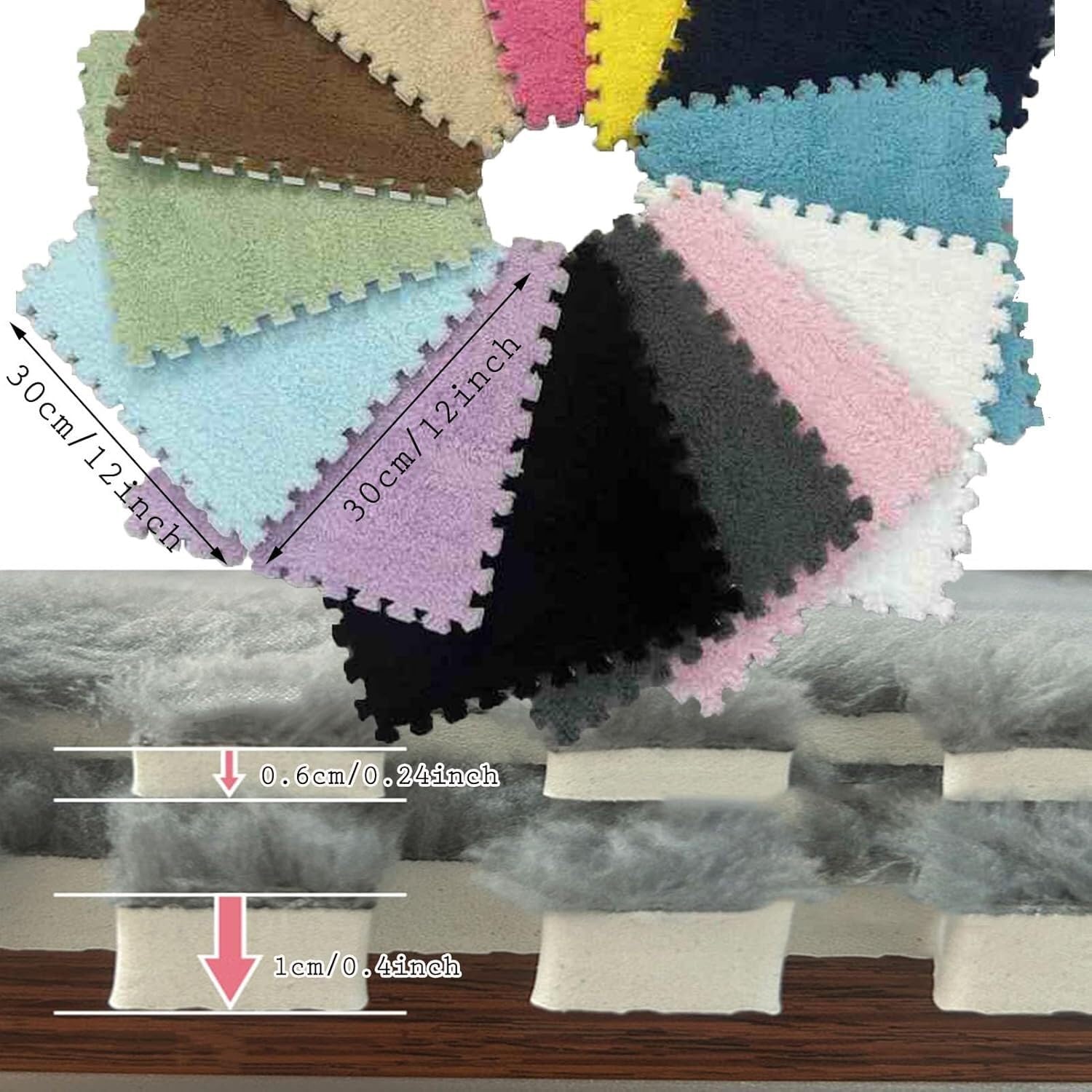 Packung mit 24 ineinander greifenden Plüschschaumstoffmatten, quadratische Bodenpuzzle-Schaumstoffmatten(White+Pink+Gray,30x30x0.6cm)