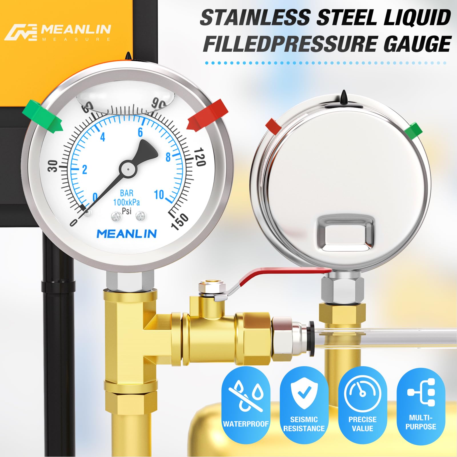 MEANLIN MEASURE 0~10Bar/0~150Psi Manometr cieczy ze stali nierdzewnej z uszczelką ze stali nierdzewnej 316 1/4" BSP 2,5" FACE DIAL do sprężarki powietrza, centrum filtracji wody, dolny montaż