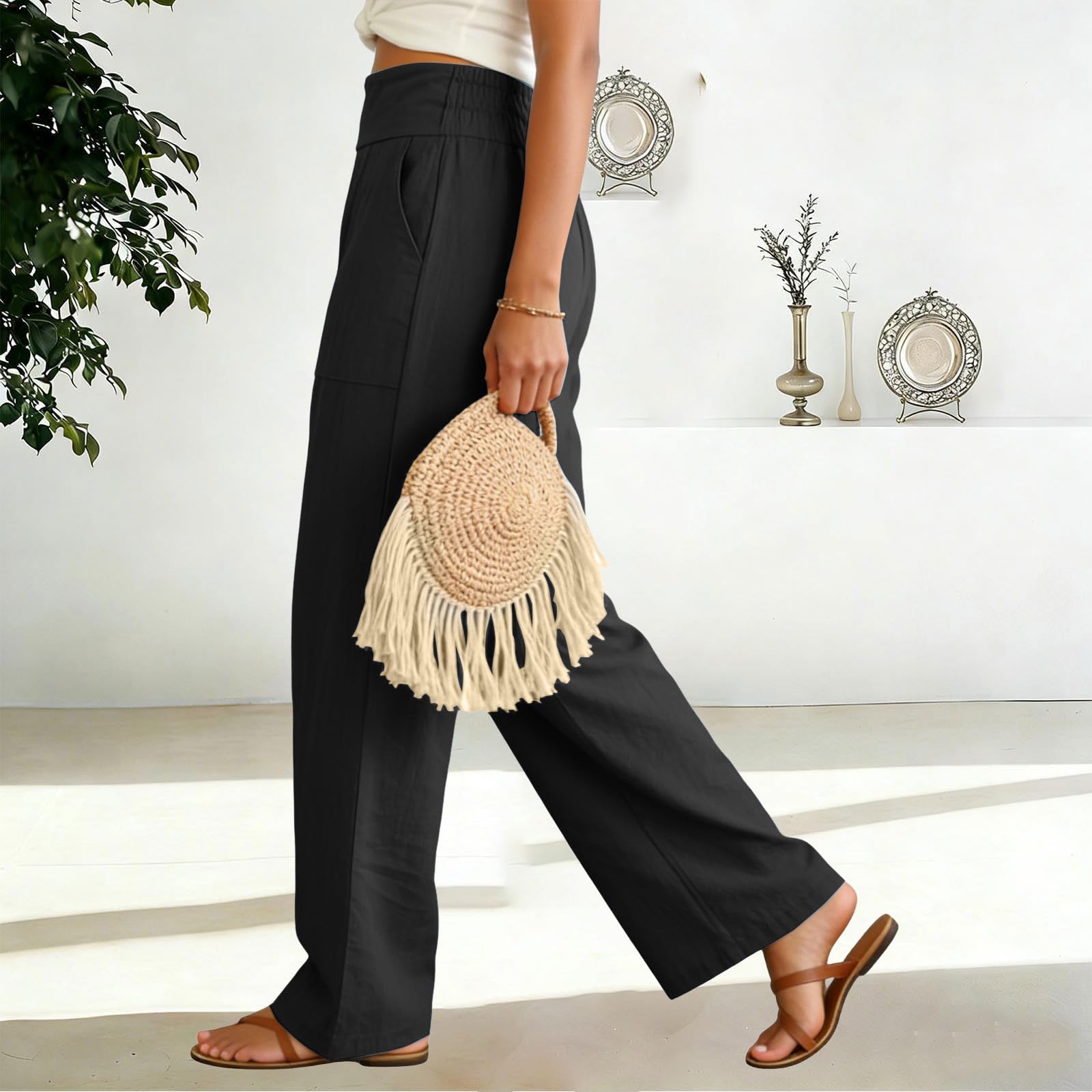 Generico Pantaloni Donna Estivi in Cotone e Lino Eleganti Elastico Vita Alta Pantaloni Donna Larghi Leggeri e Comodi a Gamba Larga Casual Yoga Pantalone Gamba Dritta con Tasche per Business Ufficio