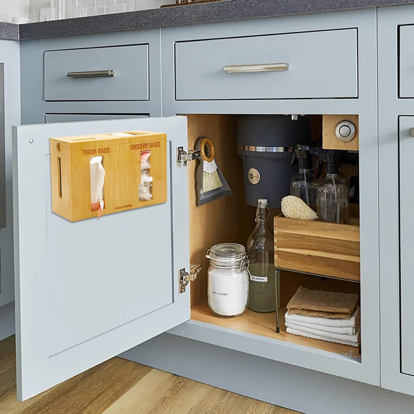 Libreshine 2 In 1 Extra Large Trash Bag Organizer and Grocery Bag Holder, Fits Costco Large Garbage Bag Roll, Kitchen Bamboo Grocery Bag Dispenser Wall Mount