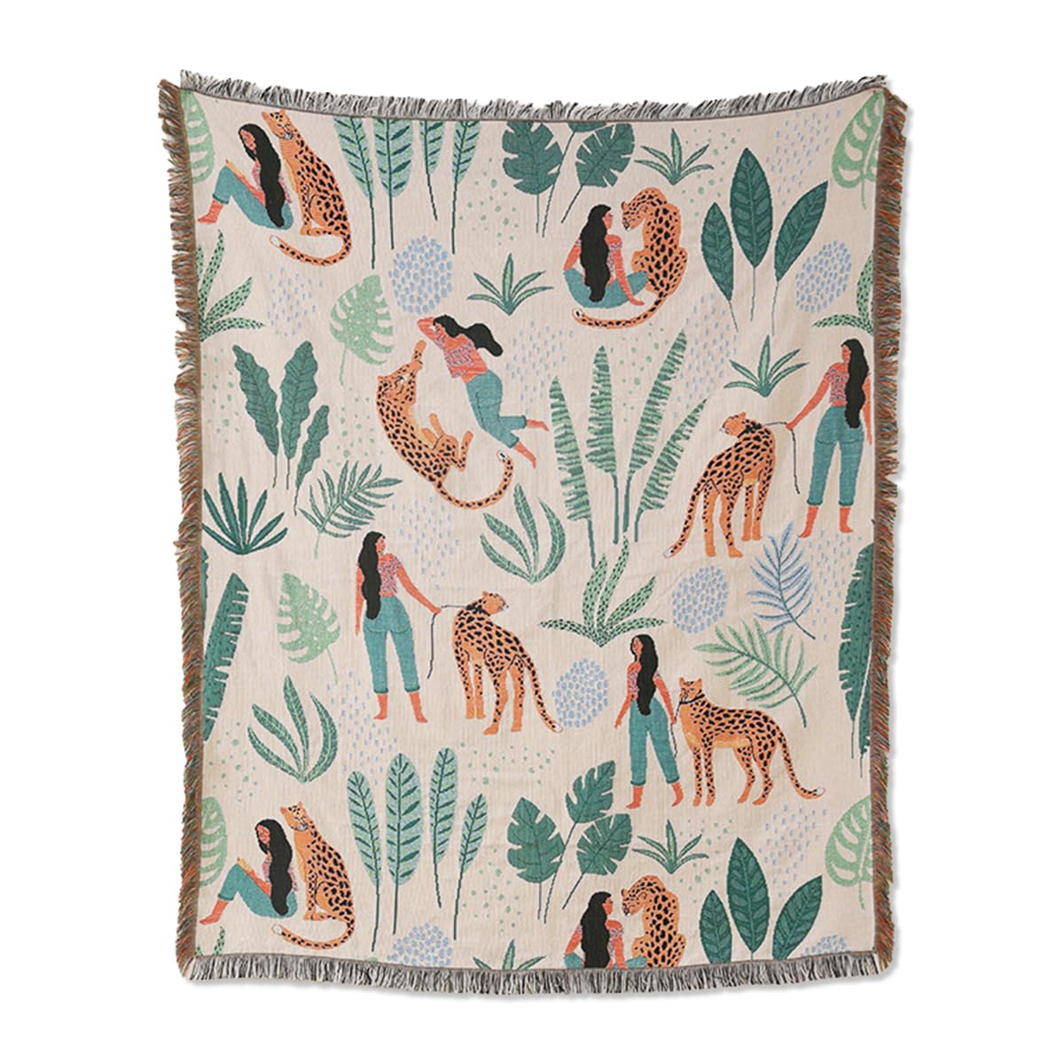 LumiSyne Double-Sided Cotton Woven Throw Blanket With Tassel Jungle Bohemian Style Tapestry Shawl Multi-Function Decorative Throws For Sofa Bed Armchair Camping Blanket Tablecloth Carpet 160x130cm