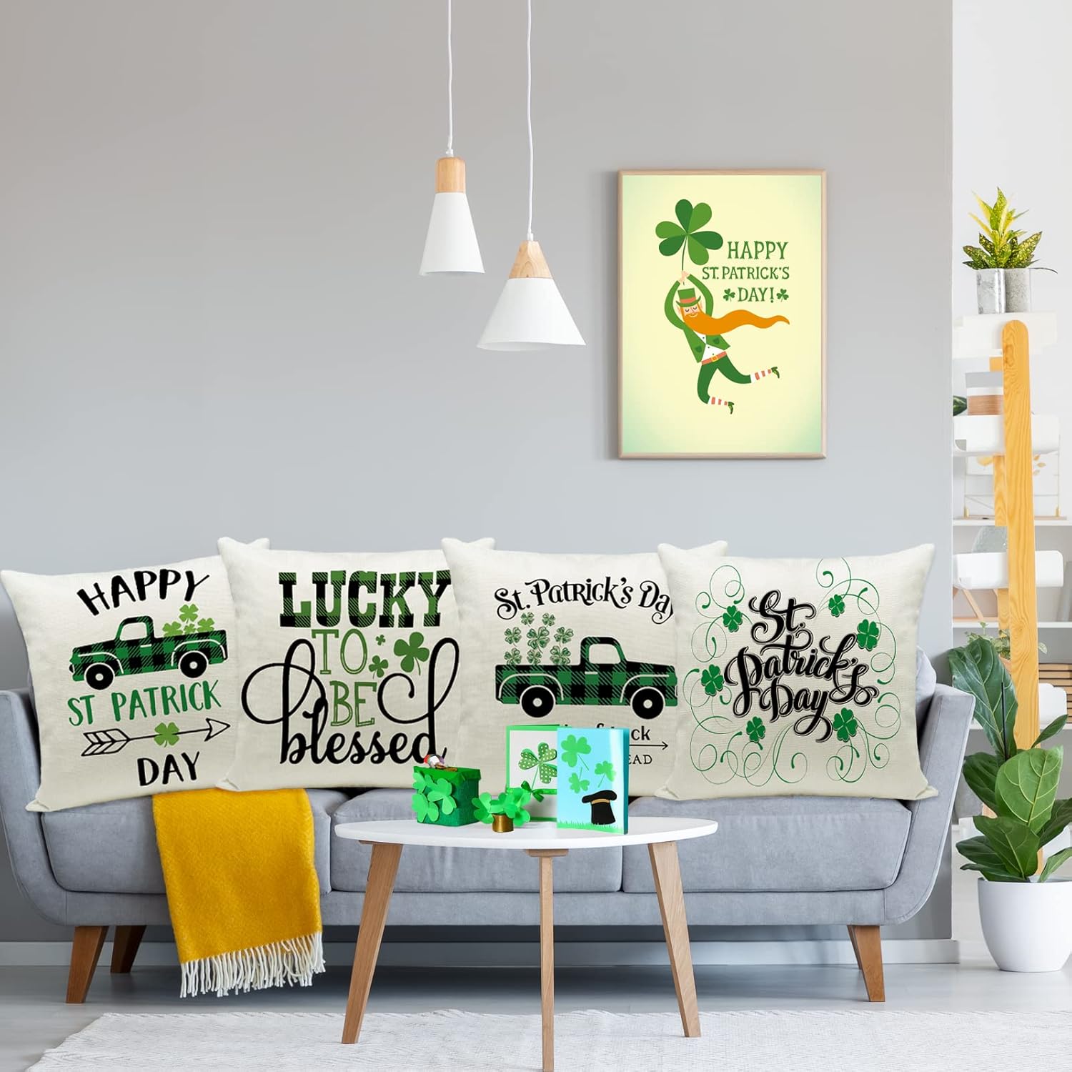 Ueerdand St Patrick's Day Pillow Covers Set of 4 18x18 Inch Shamrock Happy St Patrick's Day Decorations Green Clover Buffalo Plaid Lucky Truck Decorative Pillow Cases Throw Cushion Covers - Image 7