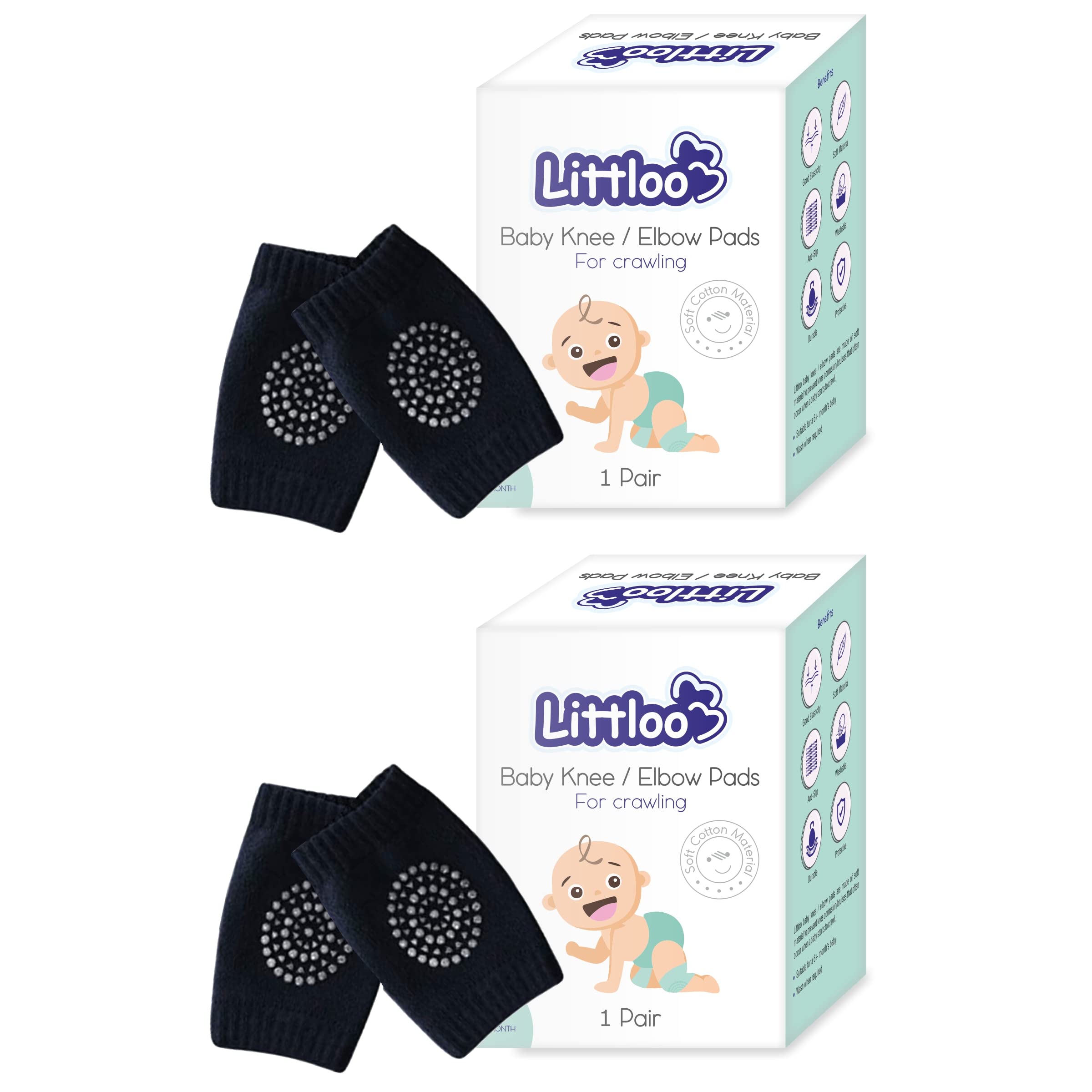 LITTLOO Baby Knee Socks & Crawling Socks (Pack of 2) Anti-Slip Knee & Elbow Protector Pads, Soft Cotton Elastic for Cushion & Knee Protection (Black)