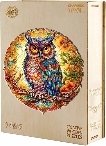 Miniatura 6 de KAAYEE Rompecabezas de madera, encantador rompecabezas de búho, 14.2 x 14.2 pulgadas, 300 piezas, rompecabezas de forma única de animales, regalo