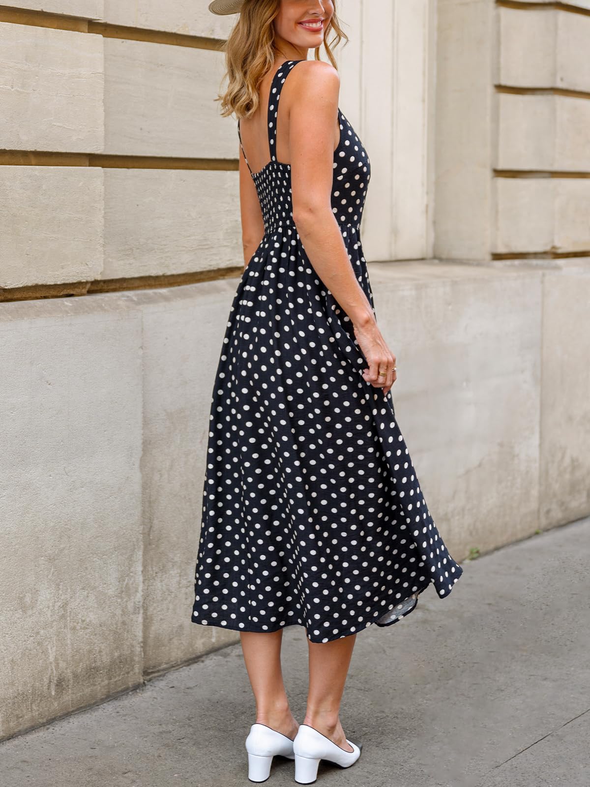 CUPSHE Damska letnia sukienka bez rękawów, elegancka sukienka w stylu vintage, linia A, sukienka maxi z kropkami, sukienka na imprezę, urlop, wesele