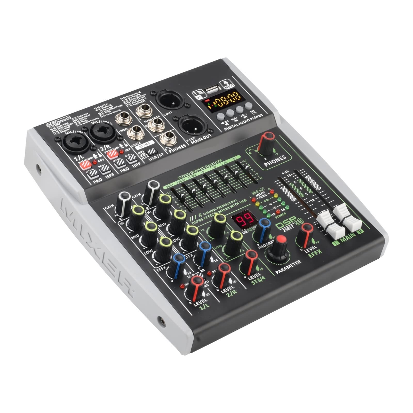 Mezclador de DJ, Mini consola mezcladora de 4 canales Individual +48V 99 DSP Efectos USB Ordenador Mezclador de reproducción y grabación, Decks de DJ