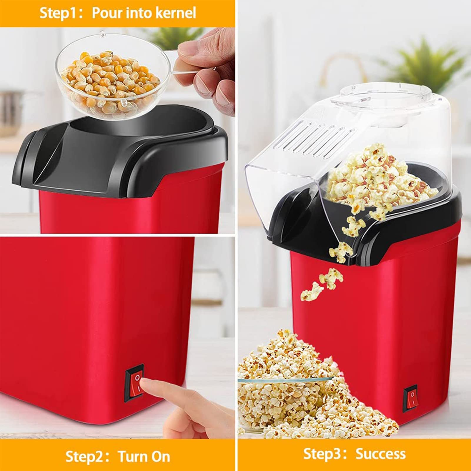 Generic Popcornowa maszyna do popcornu, mała maszyna do popcornu, 1200 W z wyjmowaną pokrywką i kubkiem pomiarowym, beztłuszczowy i zdrowy, na wieczory filmowe w maju