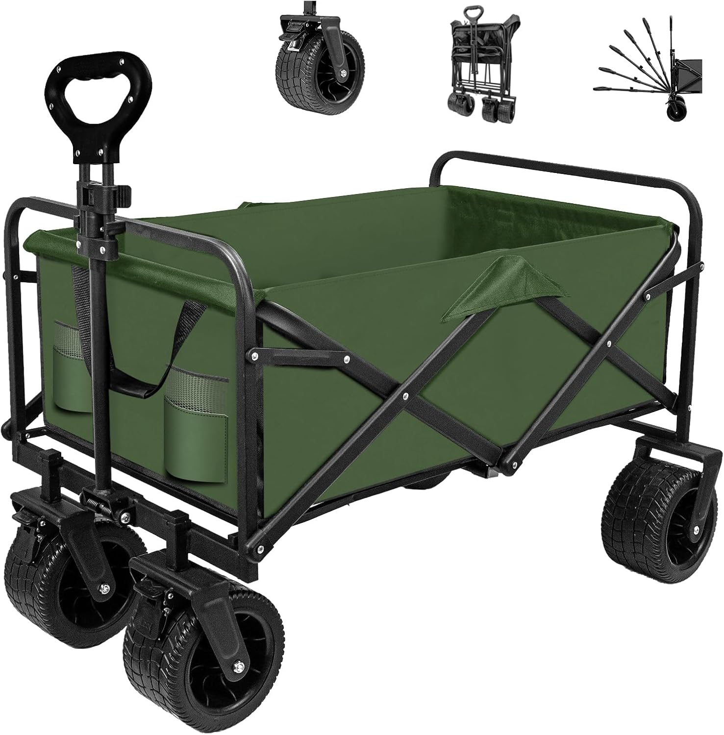 SZHLUX Collapsible Foldable Wagon,Beach Wagon with Big Wheels for Sand,Utility Grocery Wagon with Side Pocket and Brakes for Camping Sports Outdoor Activities