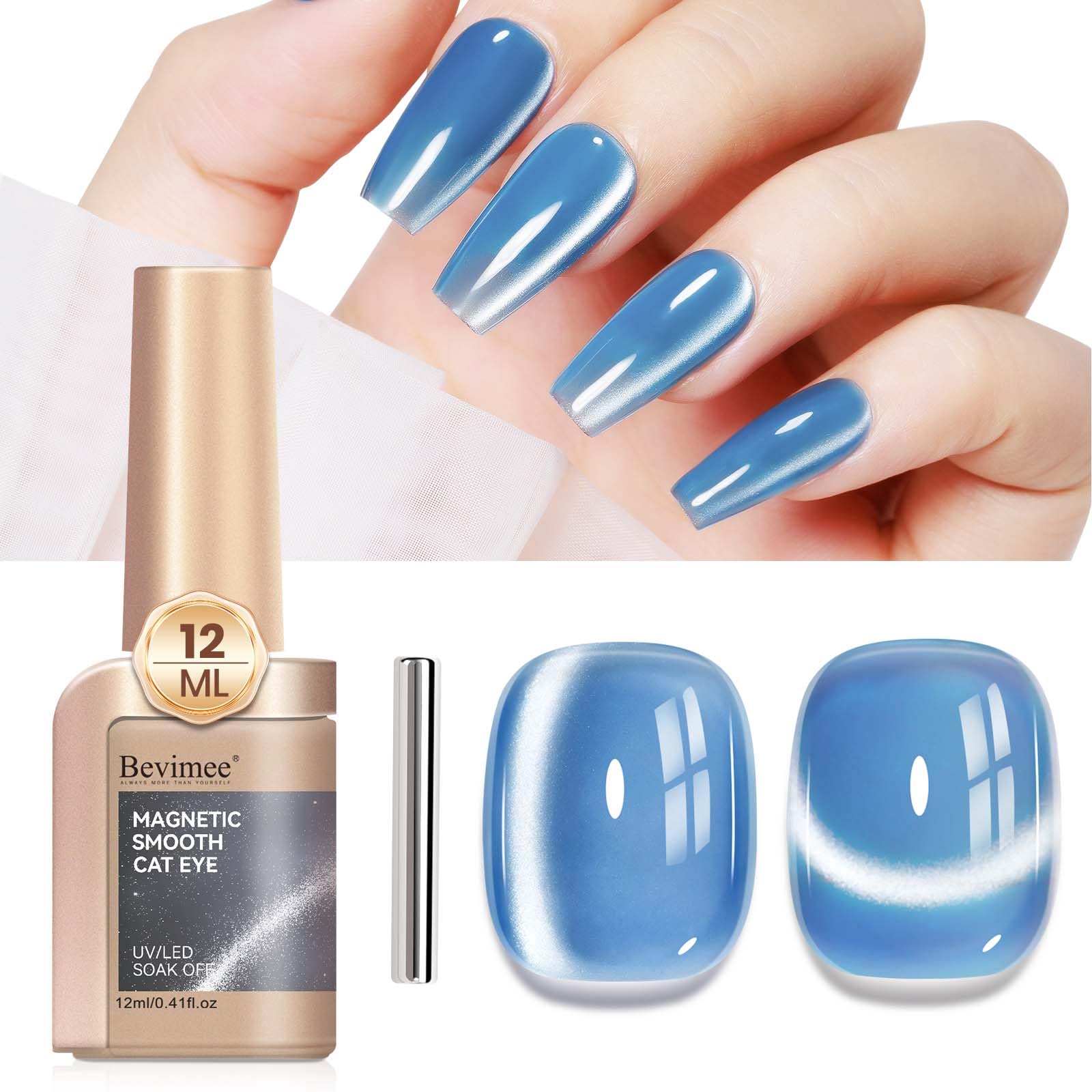 Bevimee Moonlight Cat Eye Gel Nail Polish 12ML Blue Glitter Magnetic Gel Polish Velvet Ceramic Effect Crystal Shimmer Cateye Soak Off Manicure Salon
