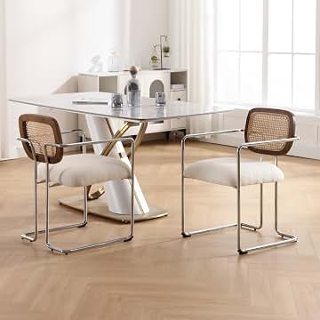Juego de 2 sillas de comedor y cocina, sillas retro con respaldo de ratán, acolchadas y estructura metálica de piel sintética