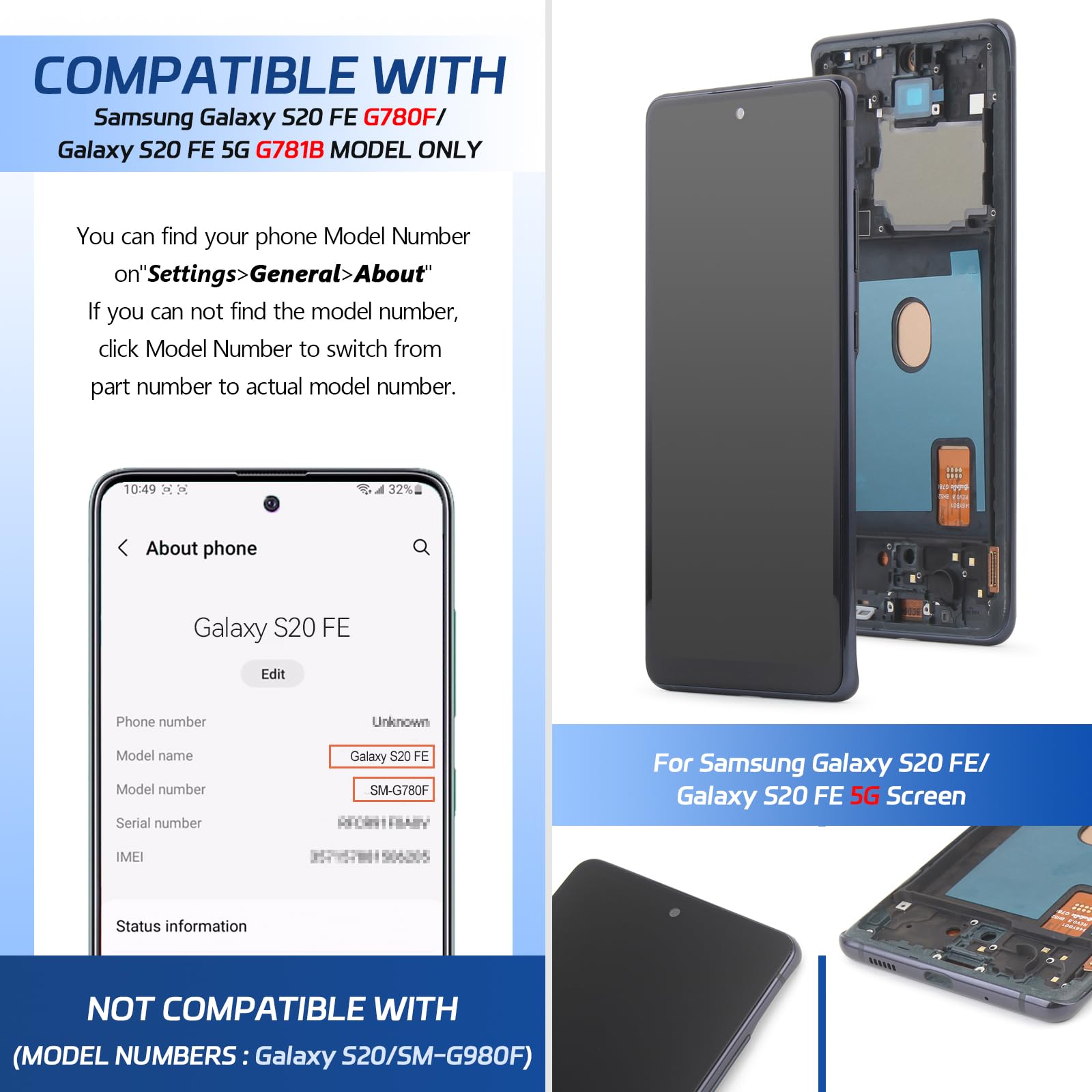 Écran pour Samsung Galaxy S20 FE 4G/5G Ecran Tactile LCD Remplacement pour Samsung S20 FE 5G Ecran Complet Assemblé Digitizer avec Outils de Réparation（Noir avec Cadre