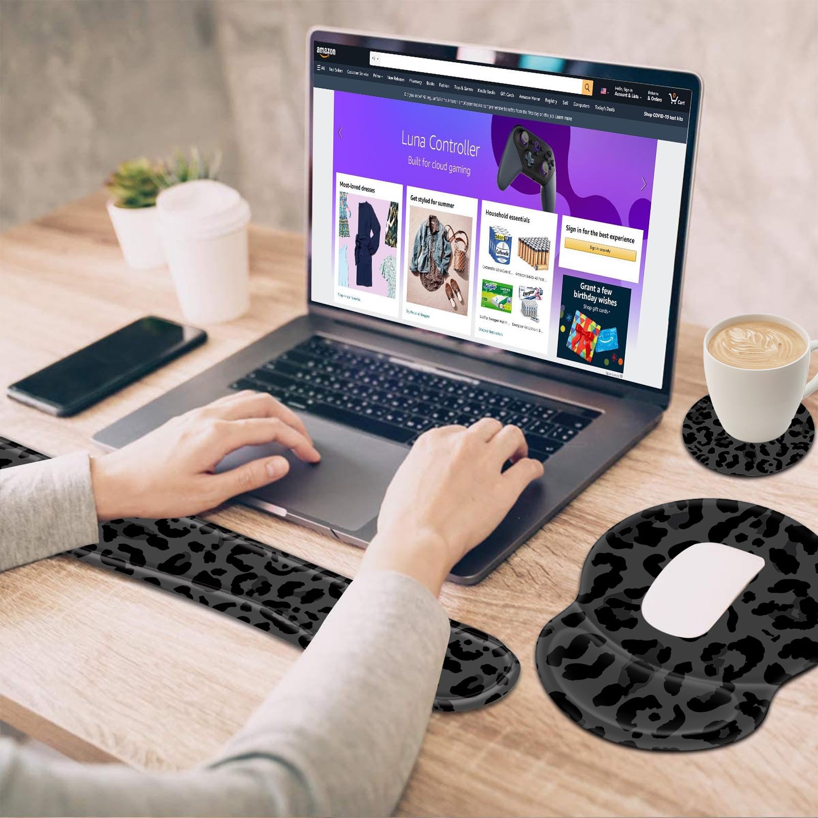 Ergonomic Gel Mouse Wrist Rest Pad and Keyboard Pad Set,Anti-Slip PU Bottom Easy Typing and Relieve Wrist Pain with Cute Coaster Set (3-Black Leopard Print)