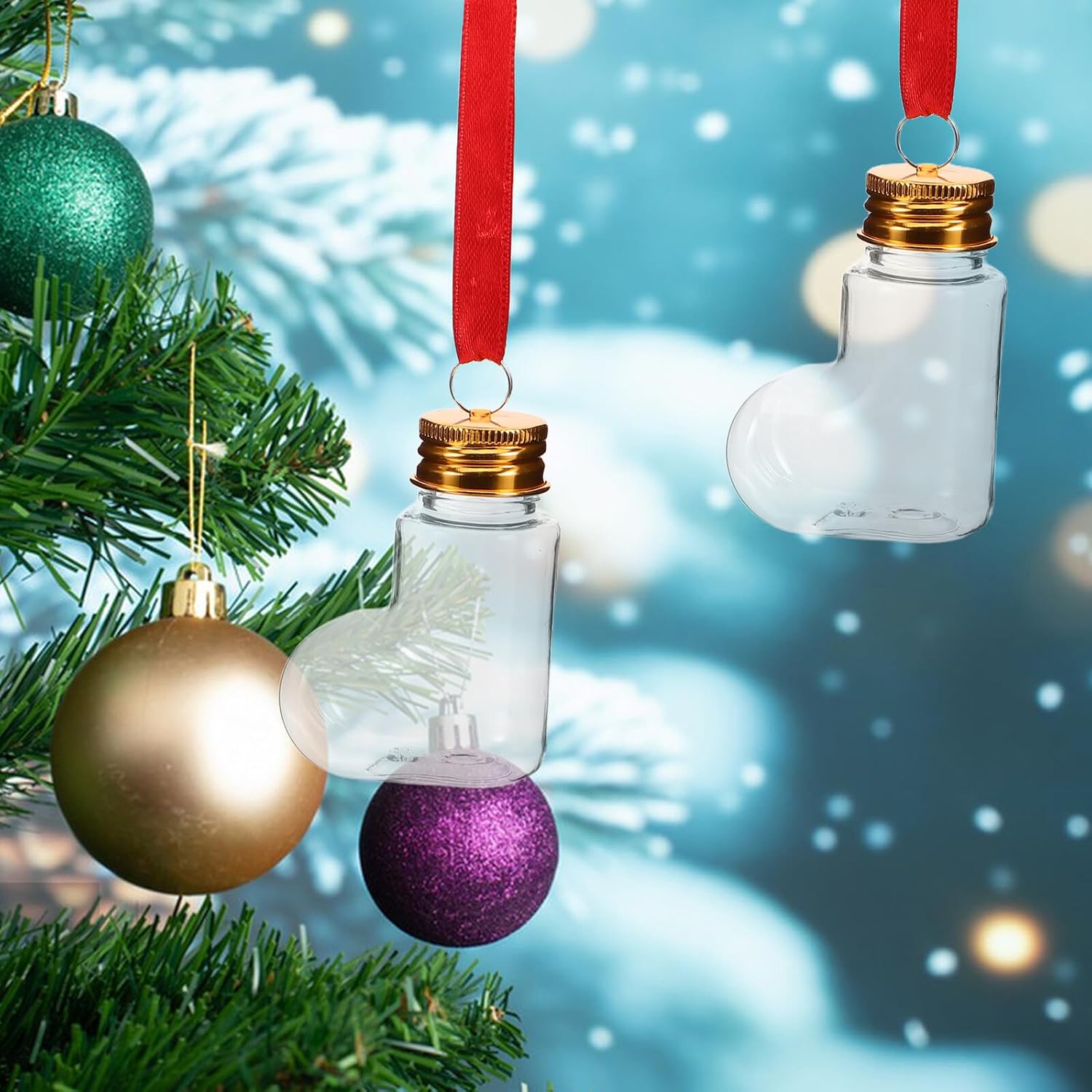 VICASKY 14pcs 50ml Pet Plastic Sock-shaped Candy Bottles with Gold Aluminum Lids and Red Hanging Ropes, Fillable Christmas Tree Decorations for Holiday Treat Containers and DIY Craft