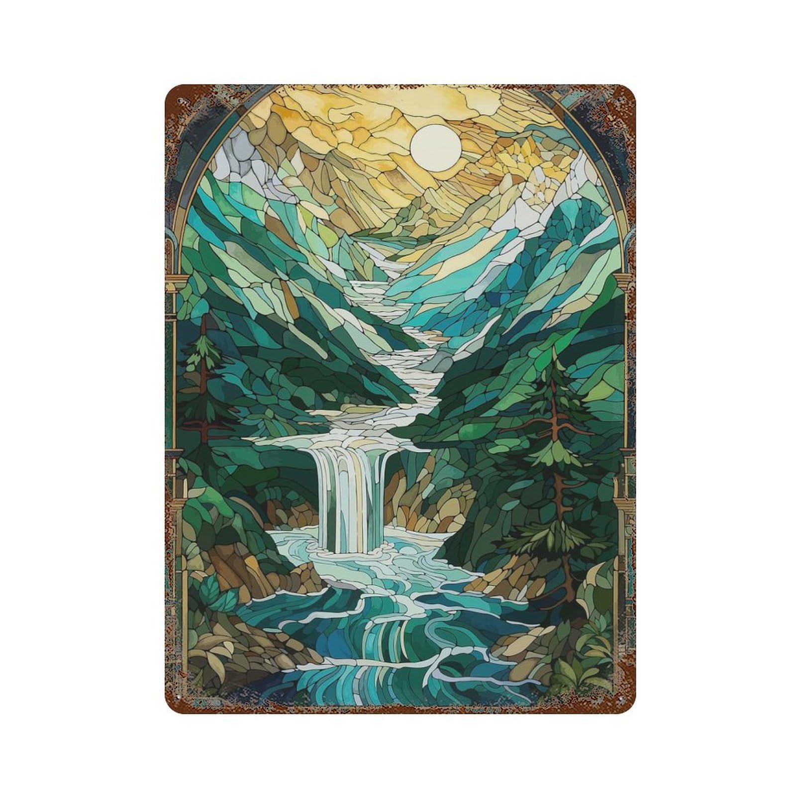 Stained Glass Waterfall Vintage Rust Metal Sign 15.7"x11.8", Retro Wall Decor for Garage, Pub Or Kitchen
