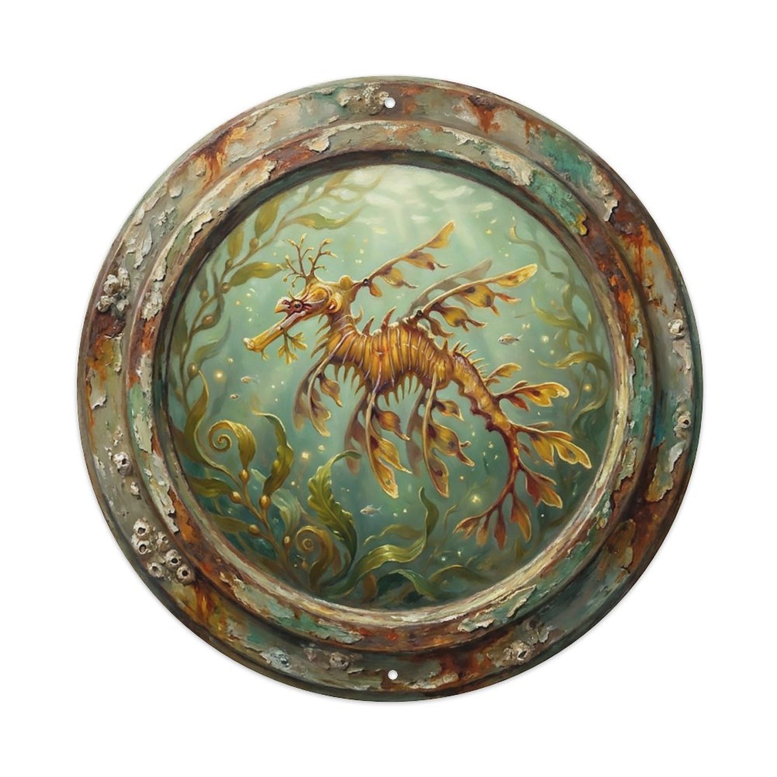 Vintage Porthole Leafy Seadragon Ship Window Undersea Deep Sea Metal Tin Sign