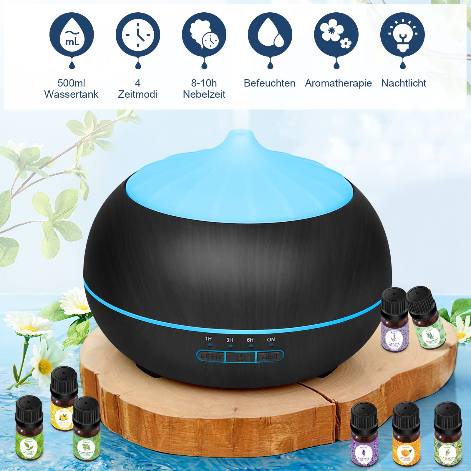Diffusore Oli Essenziali Moisturnt 500ml Con 8 Oli - Umidificatore Ultrasuoni, 7 LED, Per Casa E Ufficio - Foto 2