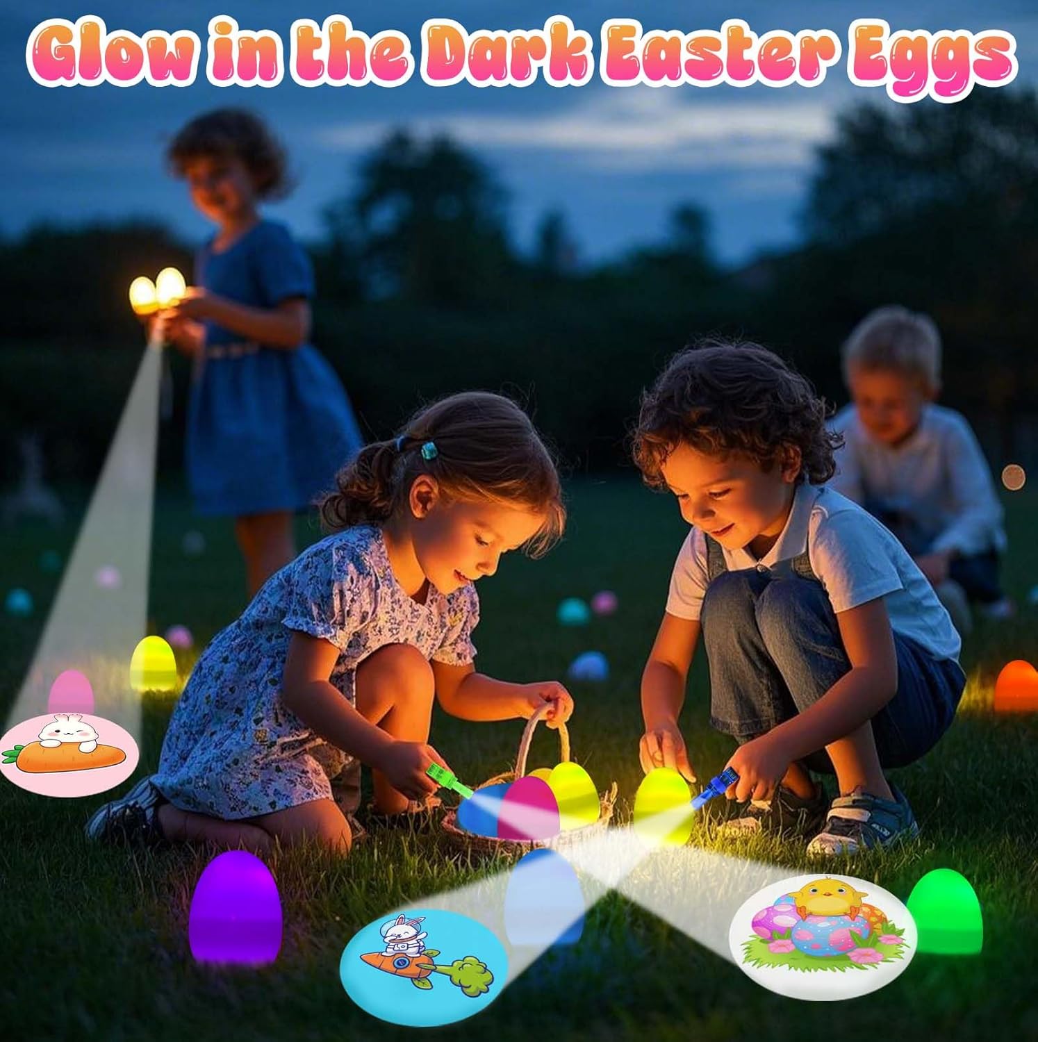 Easter Eggs Fillers, 12Pack Prefilled Easter Eggs with Finger Lights Toys, Easter Basket Stuffers for Kids Teens Boys Girls, Grow in The Dark, Classroom Treasure Box, Party Favors for Egg Hunt