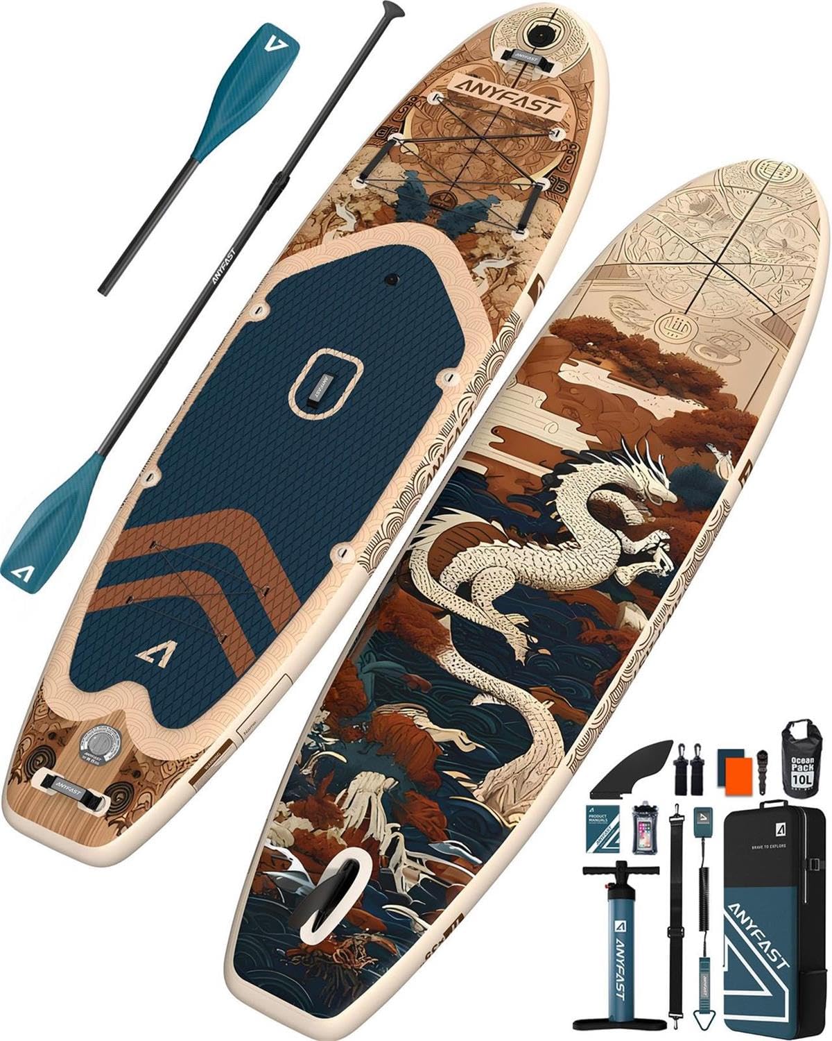 ANYFAST Inflatable Stand Up Paddle Boards - Extra Wide Fishing Paddleboard,Cool Design,Ultra Stable Standup SUP,15 D-Rings,5 Handles, Camera Mount,100L Backpack,10L Dry Bag, Youth/Adults