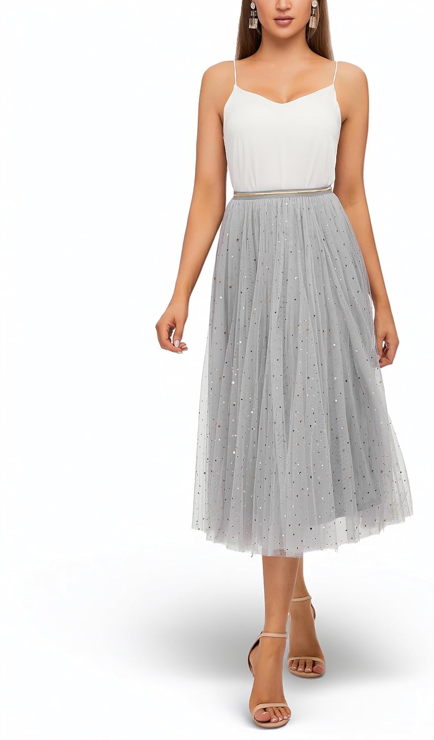 Women’s Pleated A-Line Celestial Fairytale Style Midi Tulle Skirt with Embellished Moon Stars