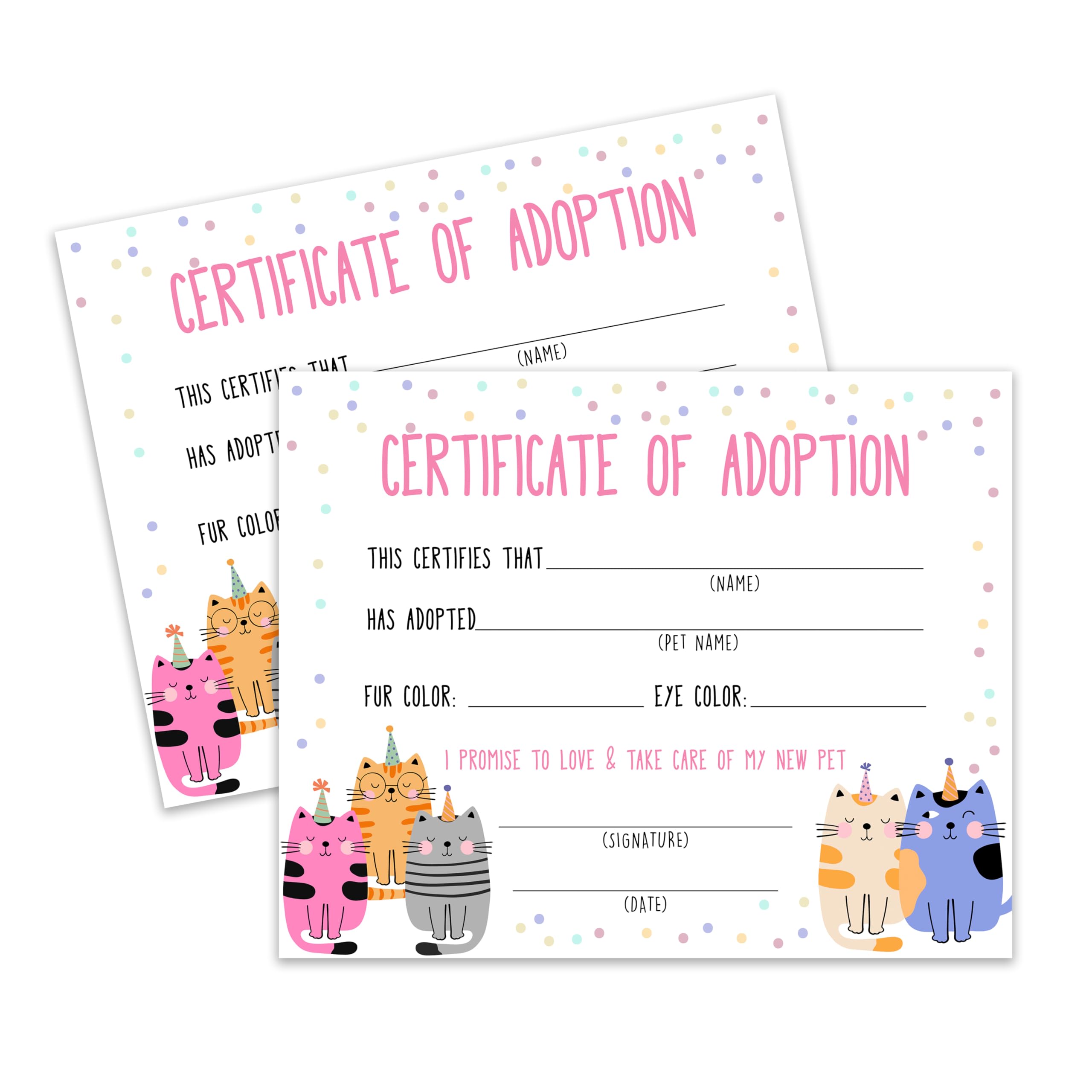 Cat Adoption Certificate, Adopt A Pet Party Favors for Boys Girls Kids, Adoption Party Decorations, Kitten Birthday Supplies, 24