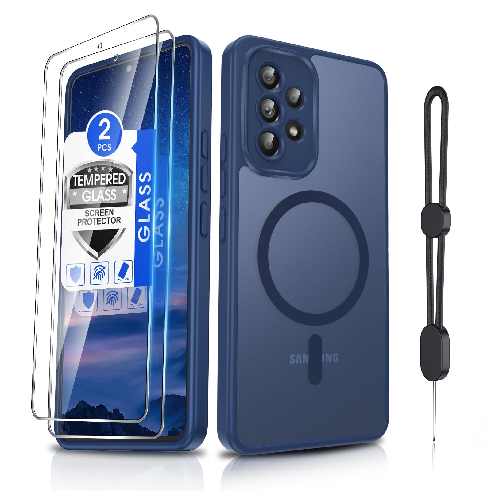 Dizn for Samsung Galaxy A53 Phone Case: with Tempered Glass Screen Protector[Compatible with MagSafe]with Strap,Matte Translucent Cover &amp; Military Grade Shockproof for A53,Funda para A53,Sapphire Blue