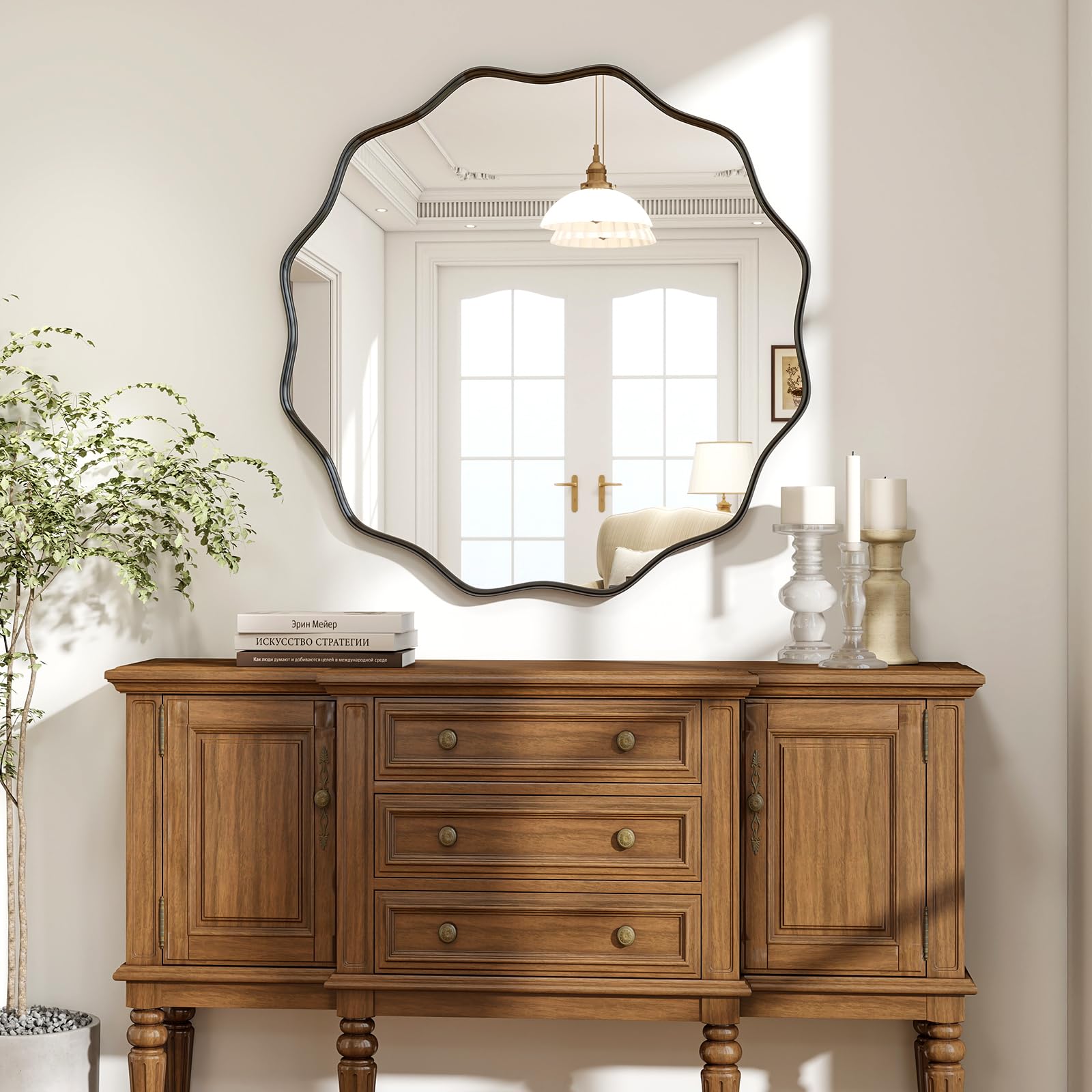 BEAUTYPEAK Runder Spiegel 76 cm, Wandspiegel mit Gewellter Kante, Aluminiumrahmen, Spiegel Rund zum Aufhängen und Anlehnen, Rund Wandspiegel für Schlafzimmer, Badezimmer, Flur Schwarz