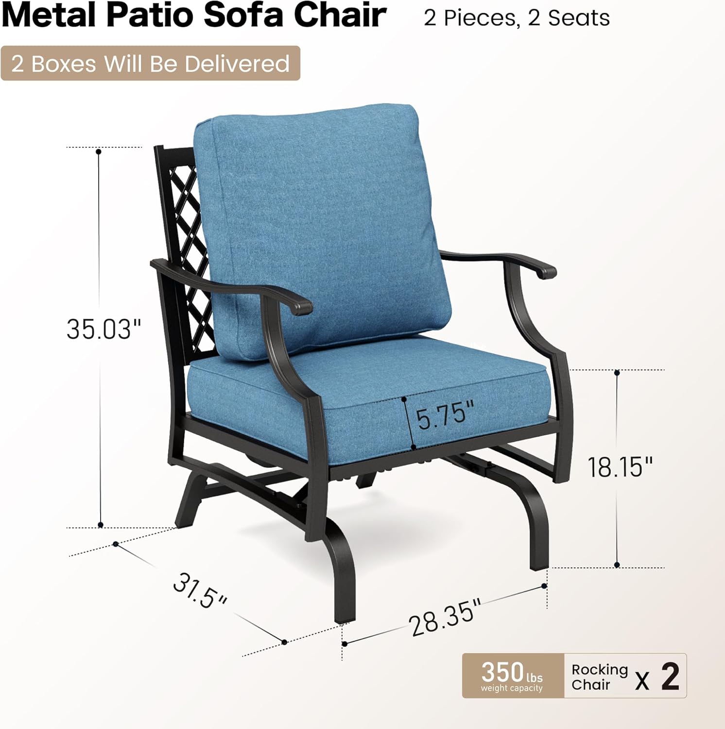 SUNSHINE VALLEY Metal Outdoor Rocker Patio Chairs Set of 2 with 5.75" Extra Thick Cushion, 2 Piece High Back Rocker Patio Chair All Weather Outdoor Furniture Seating for Deck Balcony Porch, Denim Blue