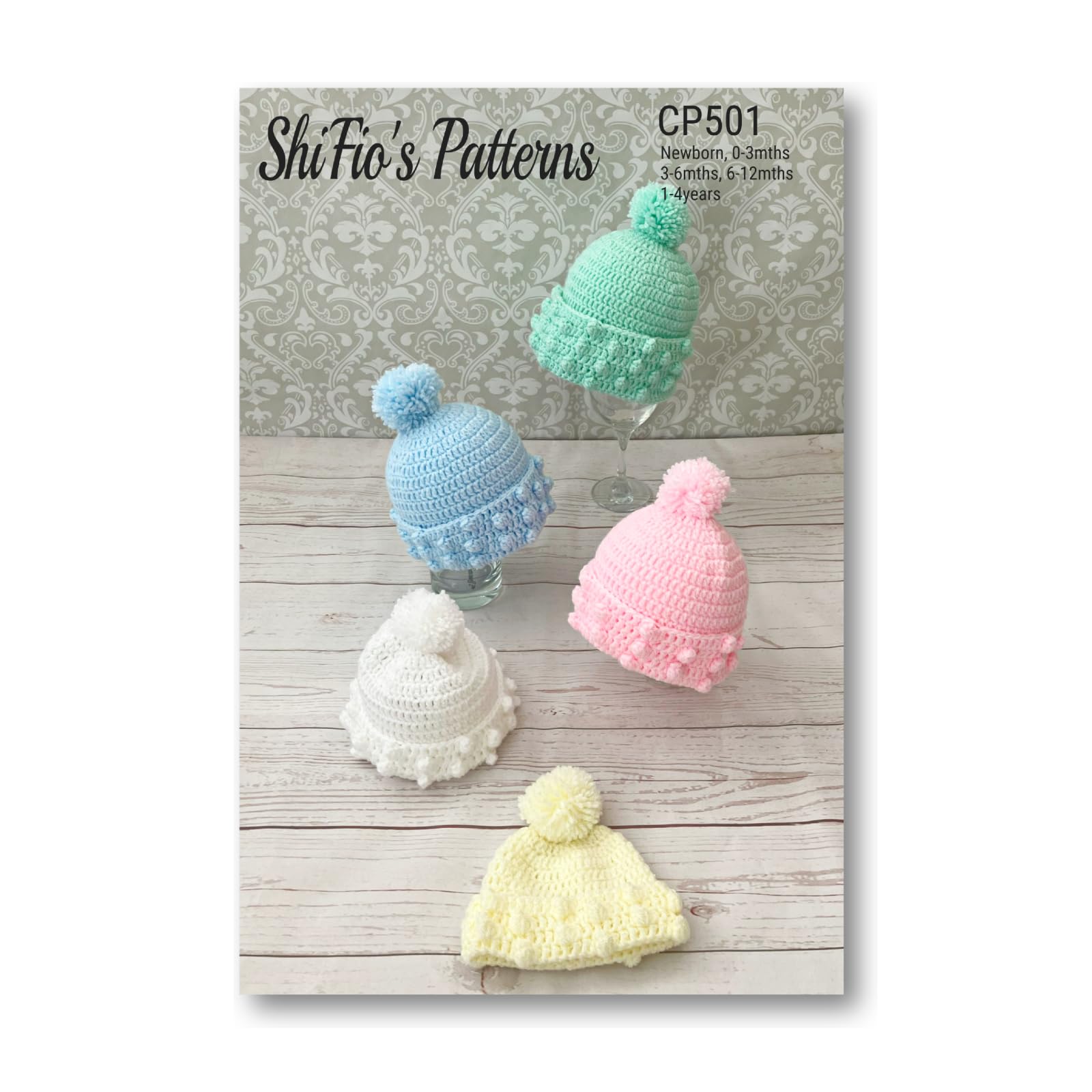 Crochet Pattern for Baby Pull-On Hats, 5 Sizes, Double Knitting, CP501