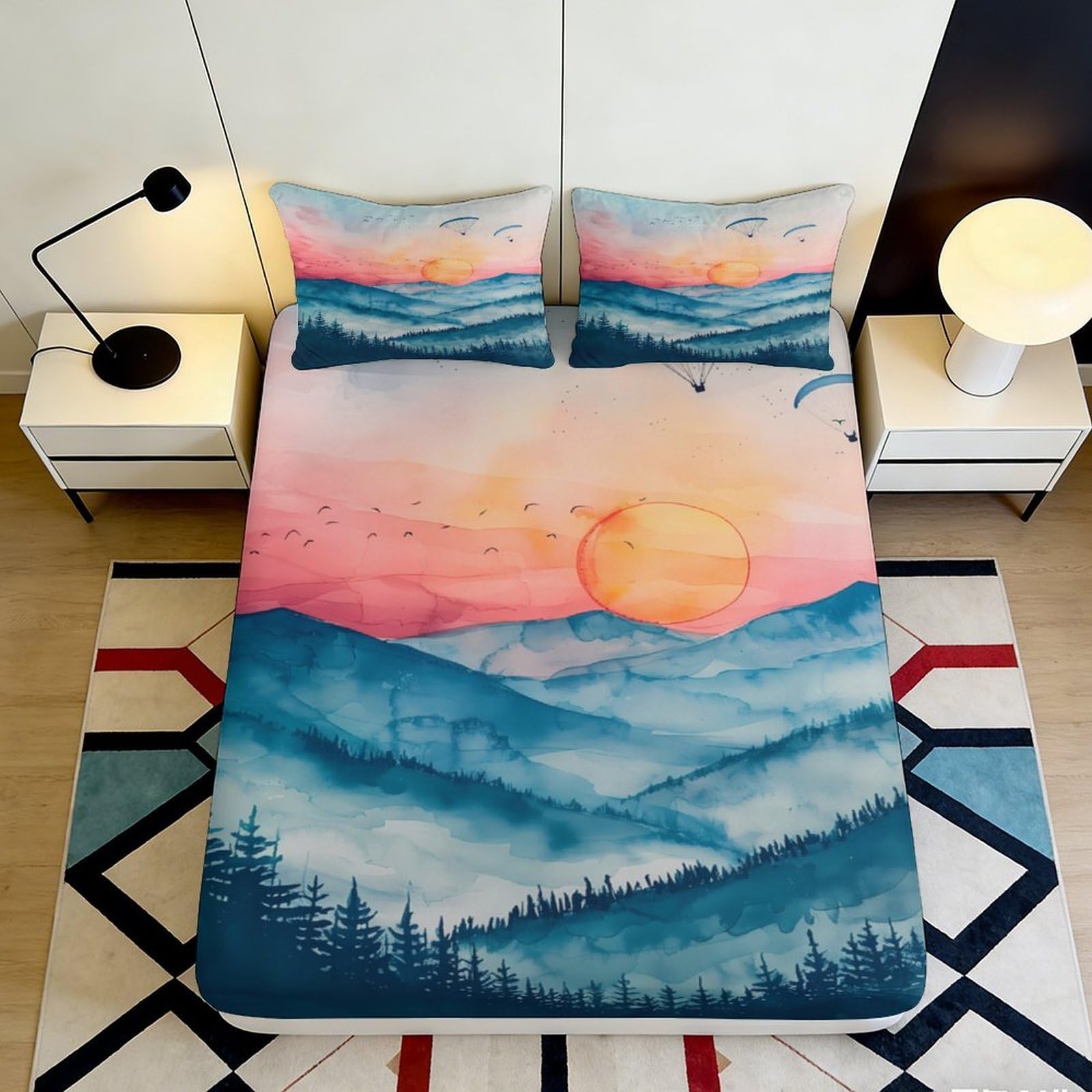 3D Printed Mountain Sunrise Fitted Sheet Microfiber Soft Breathable Forest Landscape Mattress Cover for Bedroom Dorm Decor 90x200x25cm