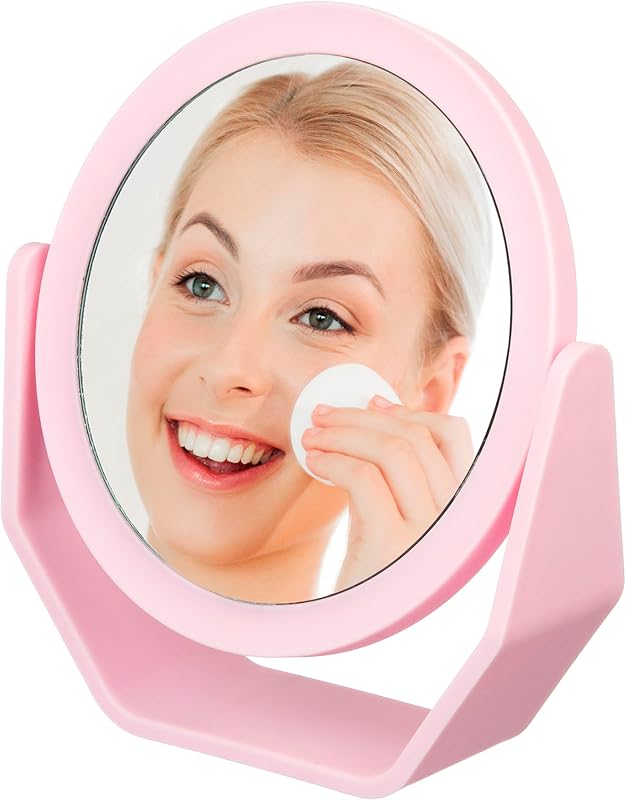 Espelho de maquiagem giratório EXPRESSIONS rosa com acabamento soft touch, ampliação 1x/2x