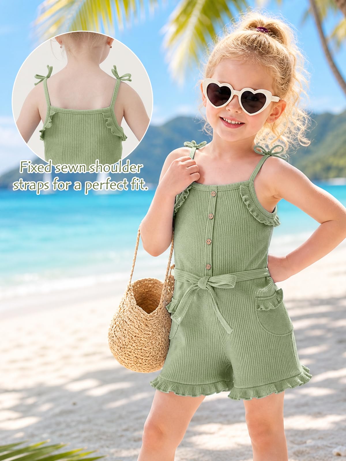 Miipat Combinaisons Sans Manches pour Bébé Fille, Combinaisons Pantalons Ensemble D'été Décontractées Coton Tout-petits à Bretelles Fines et Volants en Maille Enfants