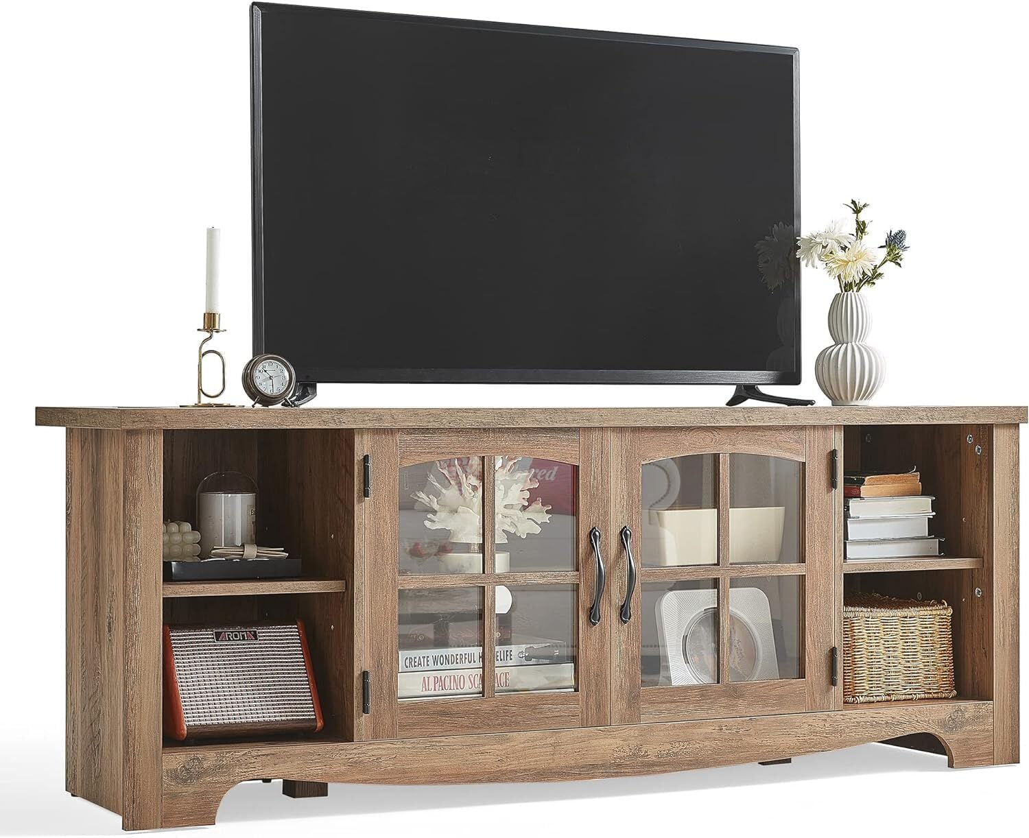 LINSY Home Farmhouse TV Stand for 65 Inch TV, Wood Entertainment Center with Glass Door Storage Cabinet & Adjustable Shelves, Large Sturdy Console Table for Living Room & Bedroom