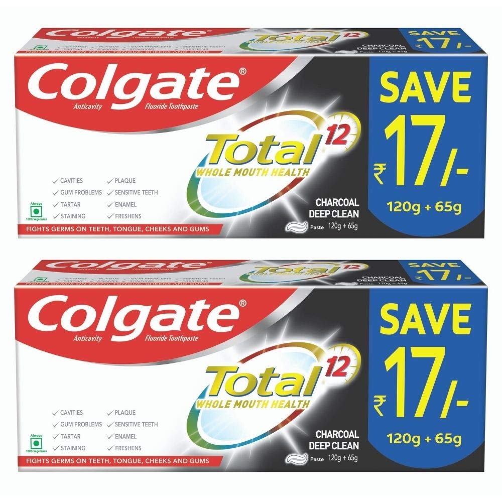 Colgate Total Charcoal Deep Clean Antibacterial Cavity Protection Toothpaste for Whole Mouth Health, 370g (2 x185g), Charcoal Deep Clean for 7 Dental Problems (B07SC26RX1) Amazon Price History, Amazon Price Tracker