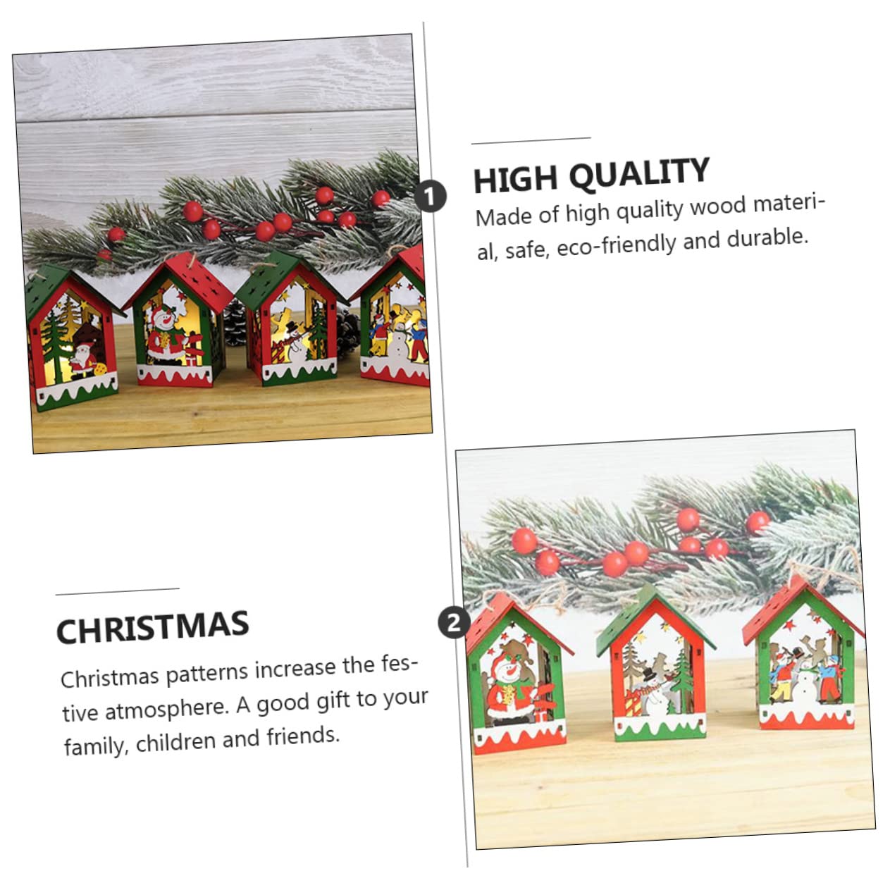 TOPBATHY 2 Set Luminous Xmas Wooden House Pendant Decorative DIY Christmas Tree Ornaments for Festive Home Decor 4 Pezzi * 2
