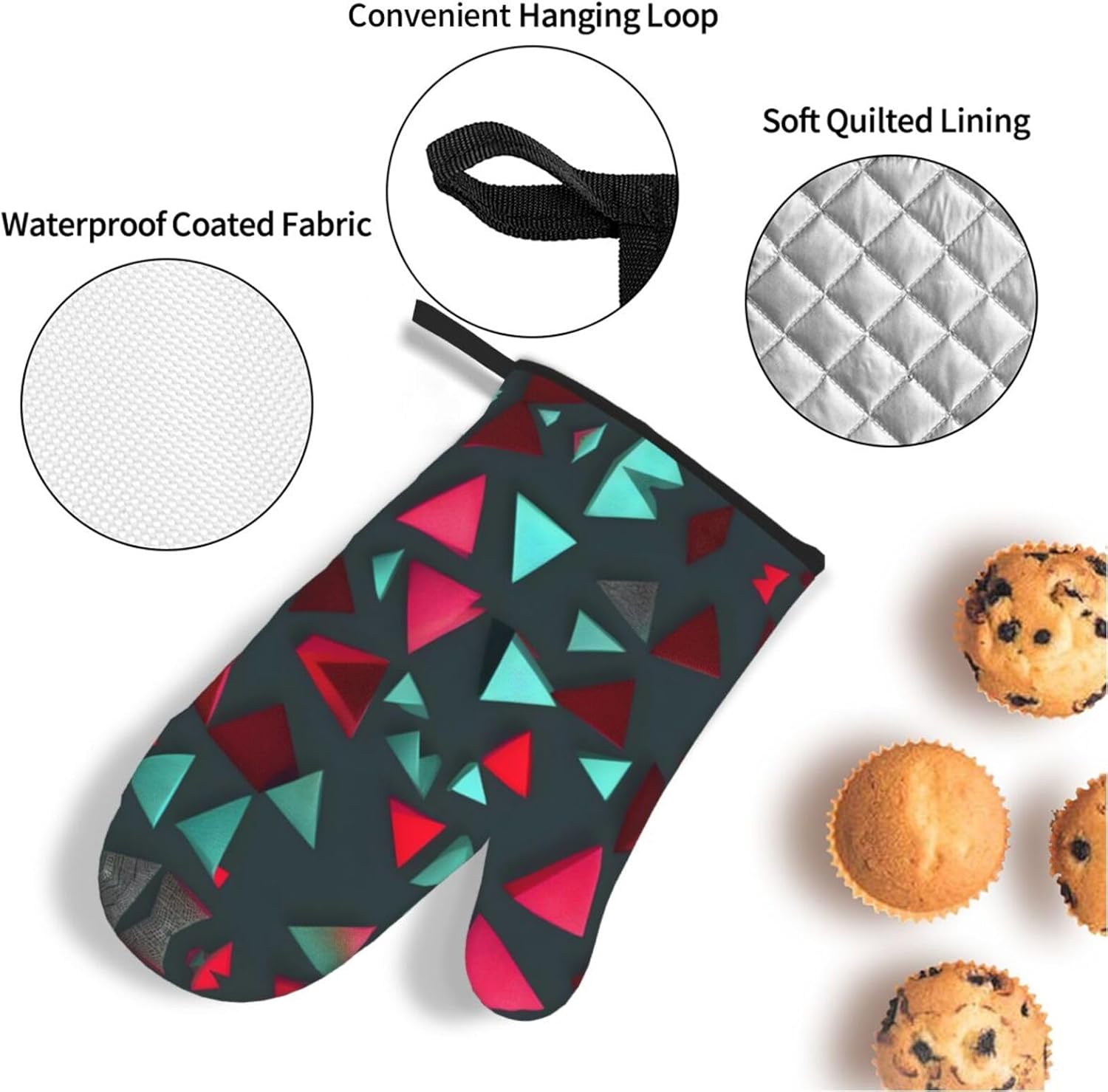 Triangular pattern Oven gloves and heat-resistant mat 4-piece set. Suitable for grilling, microwave oven frying, and baking