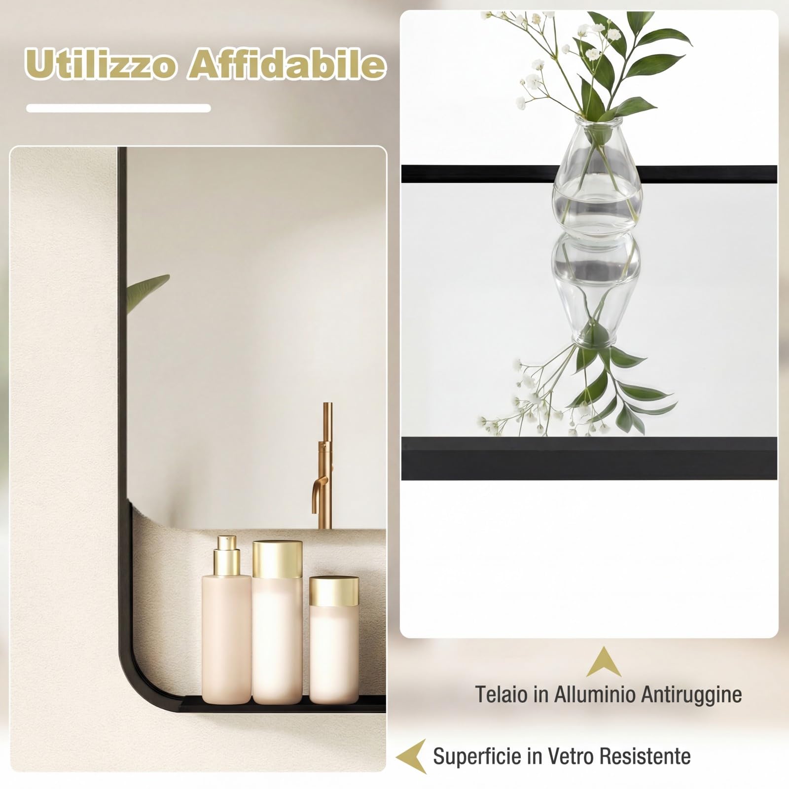 COSTWAY Specchio da Bagno LED 80 x 60 cm con Mensola, Specchio da Trucco con Cornice in Alluminio, Funzione Antiappannamento, 3 Colori di Luce e Luminosità Regolabile, Specchio da Parete