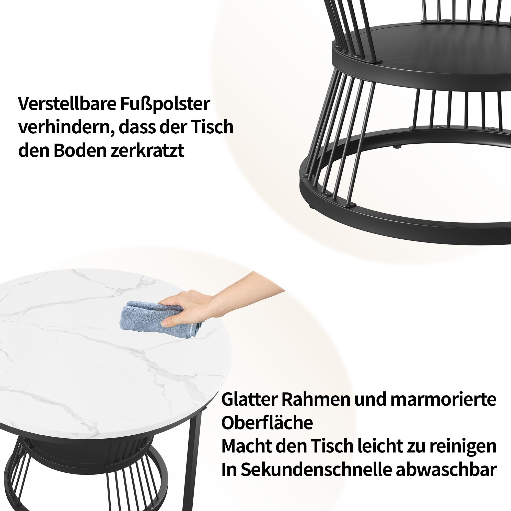 Set di 2 Tavolini da Caffè, Tavolino da Caffè in Marmo con Struttura in Metallo, Tavolino Rotondo,Tavolini Impilabili per Il Soggiorno, La Camera da Letto, Il Balcone (Bianco + nero, 70+45 cm)