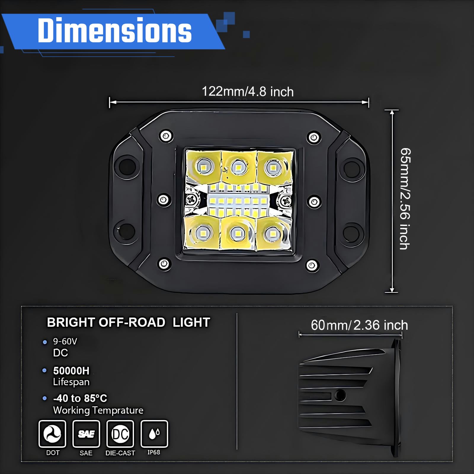 Phare de travail LED 12 V / 24 V, 2 x 5 pouces Phare LED à montage encastré Pods cube Éclairage supplémentaire tout-terrain pour tracteur, voiture, SUV, excavatrice