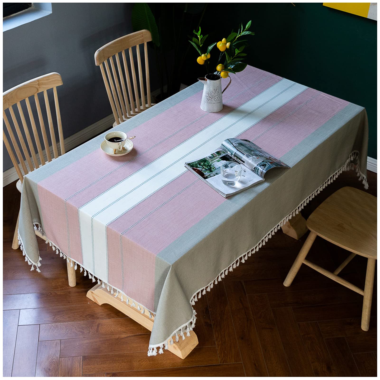Wll Pink Tablecloth Rectangle, 130X170cm, Table Cloth Cotton Linen Wrinkle Free Dust-Proof, Washable Table Cover For Kitchen Dinning Picnic Tabletop Decoration